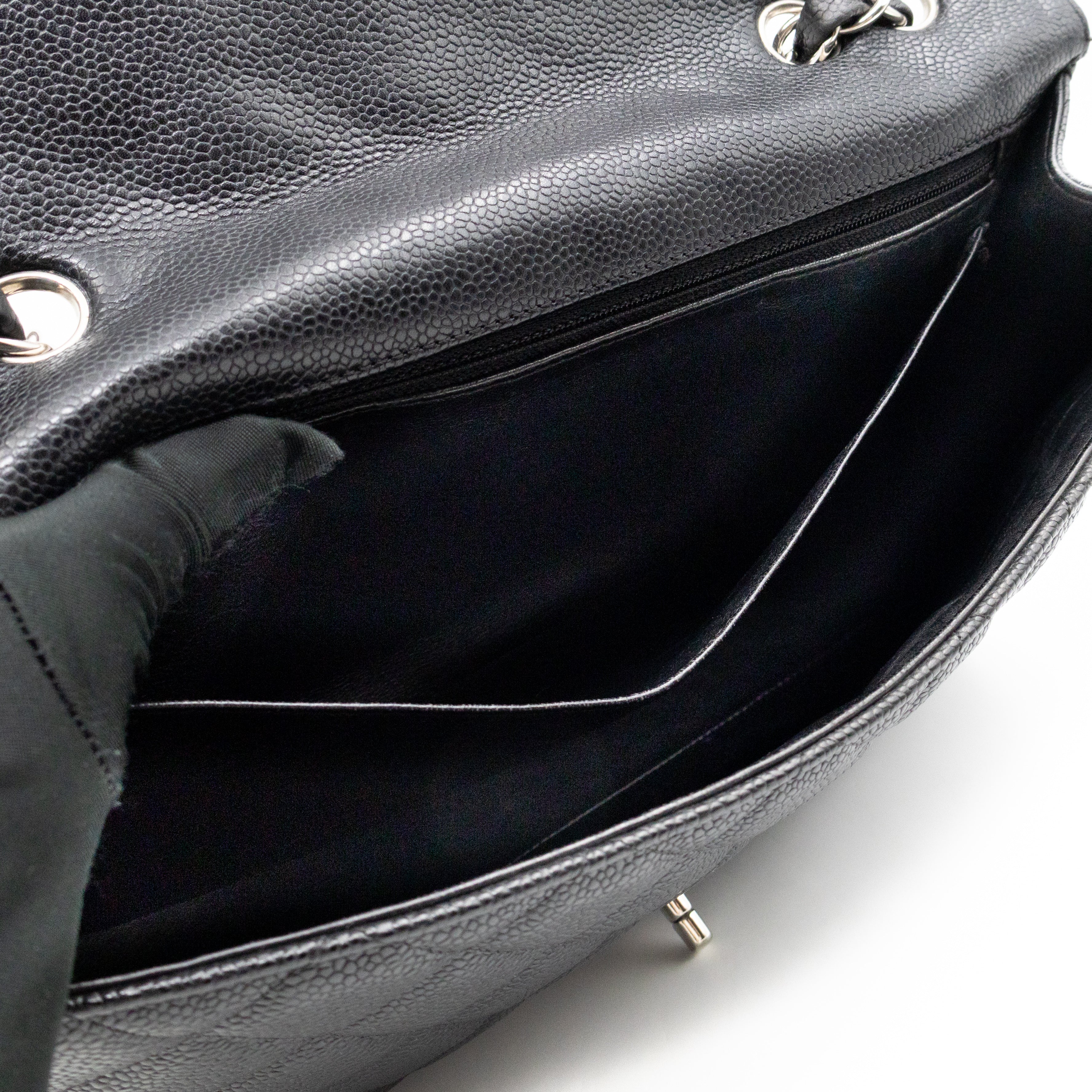 Classic Single Flap Jumbo Black Caviarskin Leather Silver