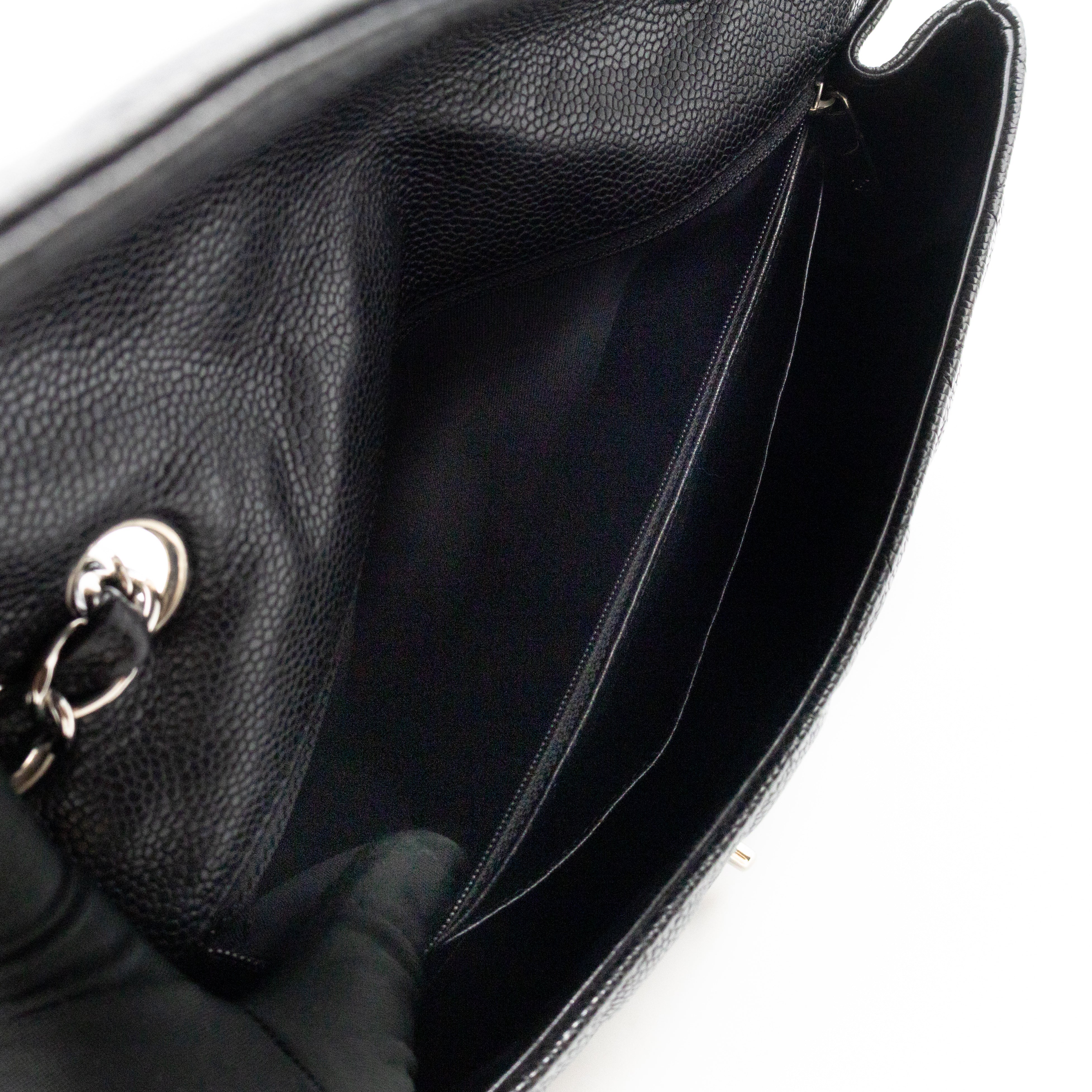 Classic Single Flap Jumbo Black Caviarskin Leather Silver
