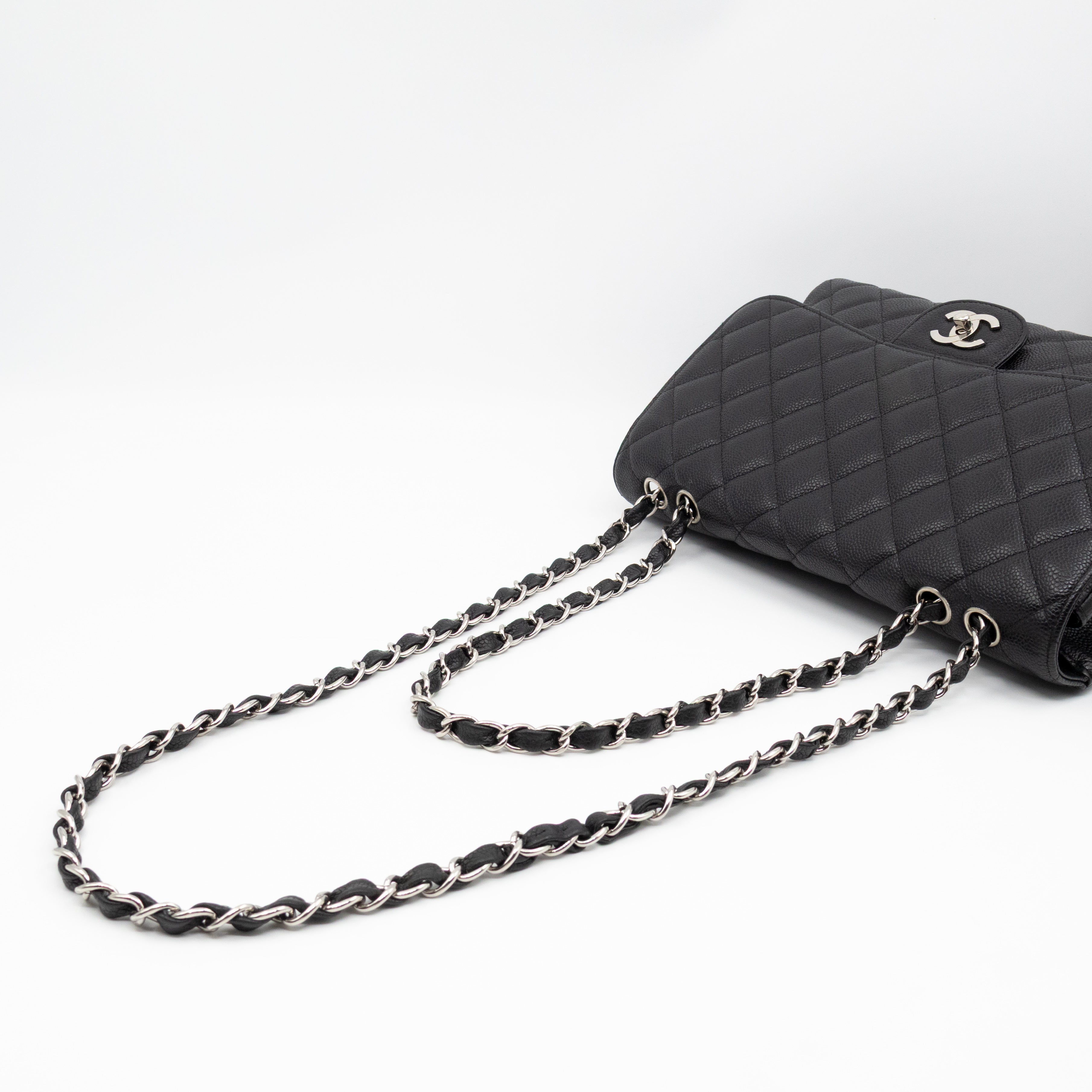 Classic Single Flap Jumbo Black Caviarskin Leather Silver