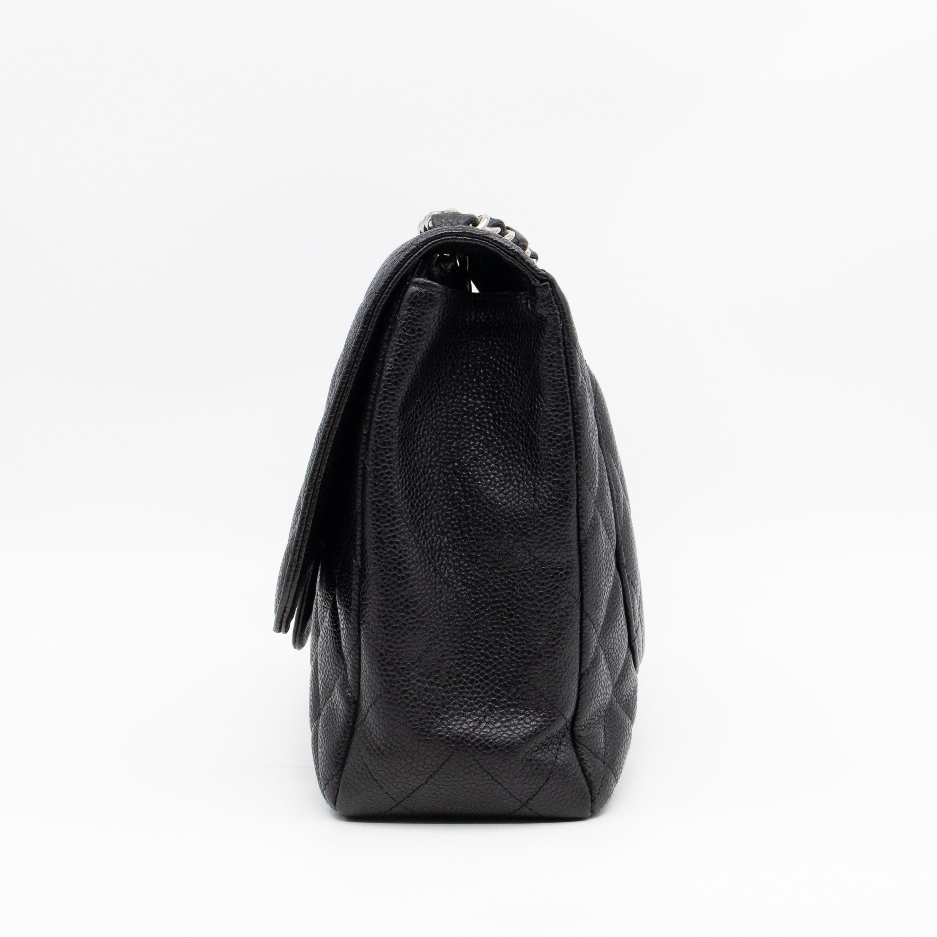 Classic Single Flap Jumbo Black Caviarskin Leather Silver