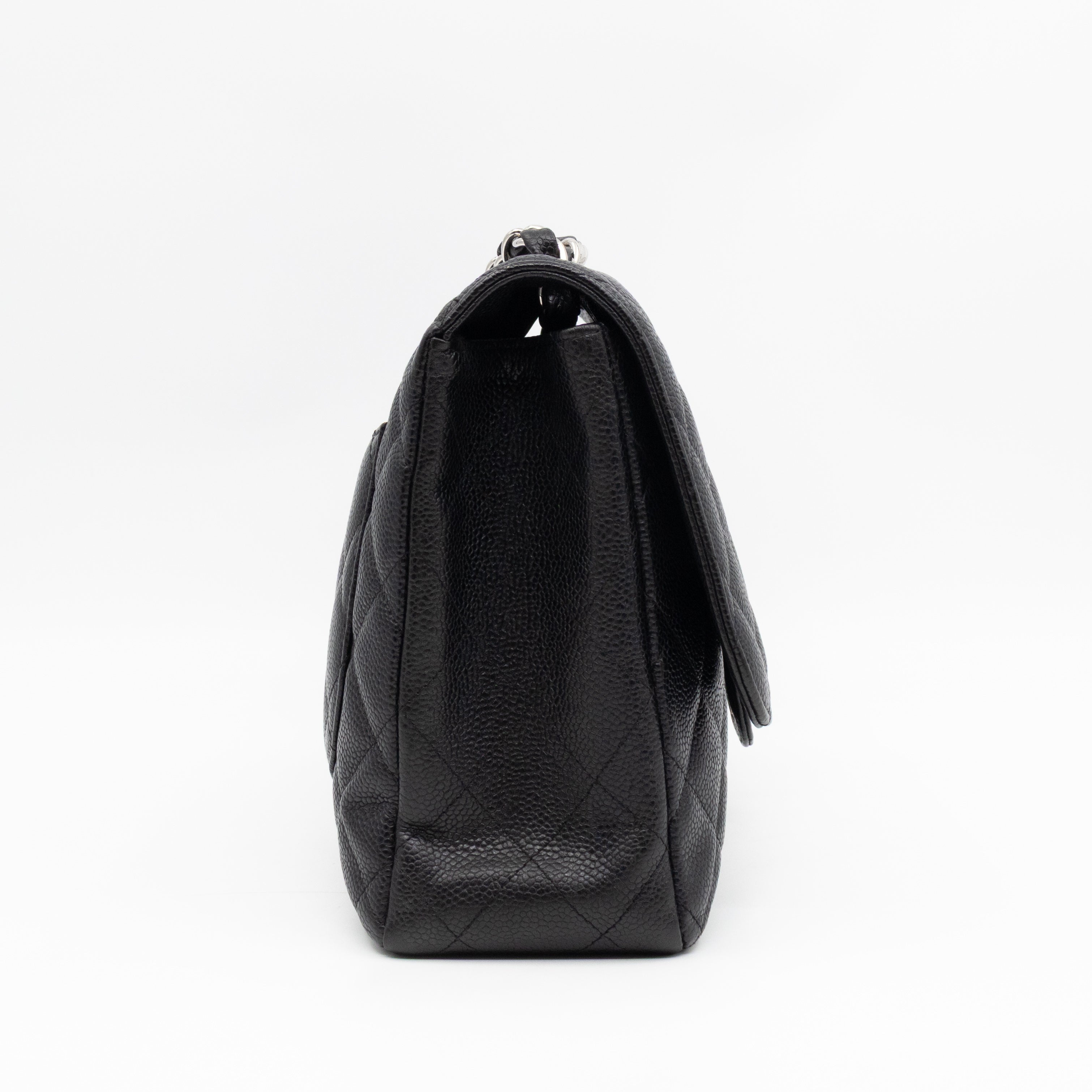 Classic Single Flap Jumbo Black Caviarskin Leather Silver