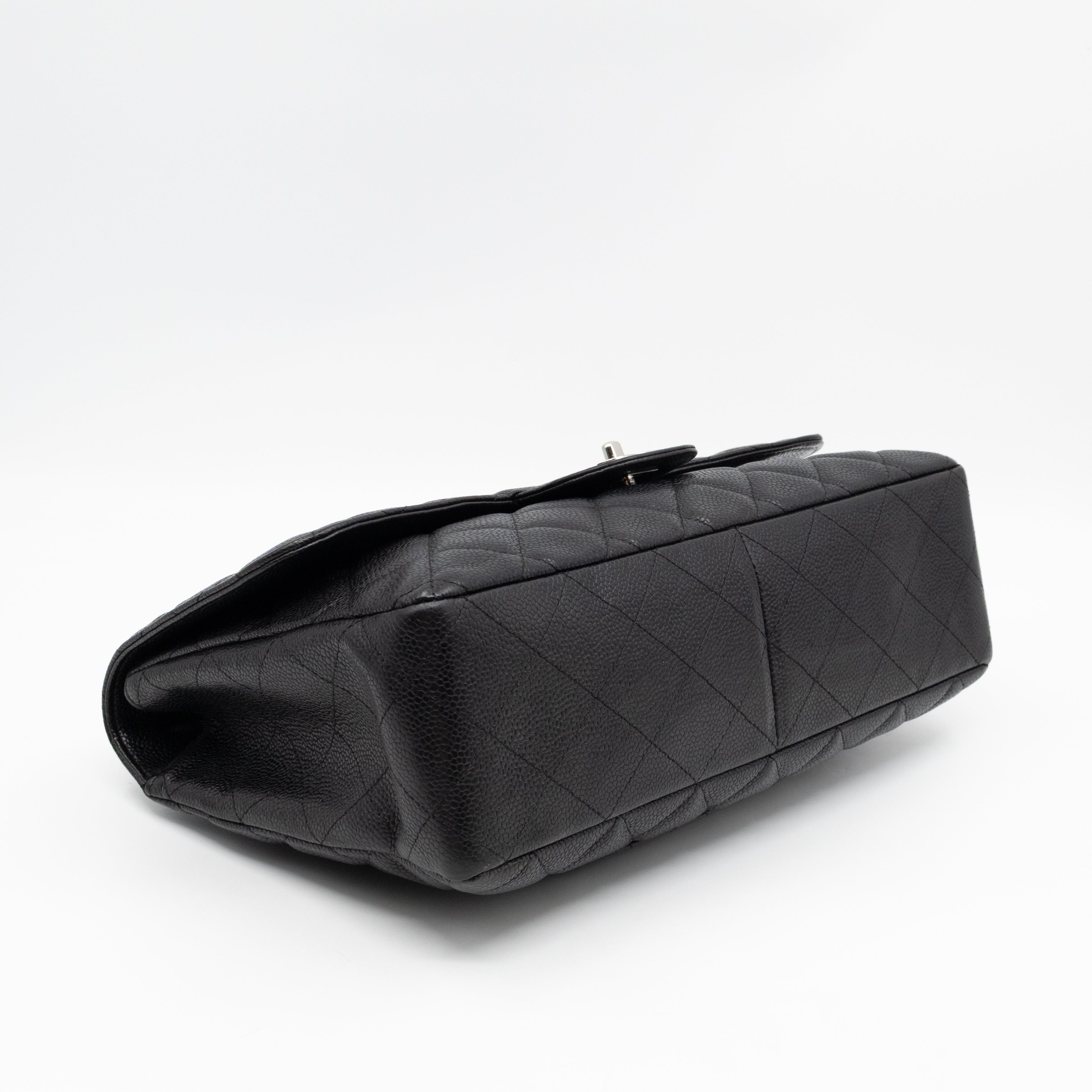 Classic Single Flap Jumbo Black Caviarskin Leather Silver