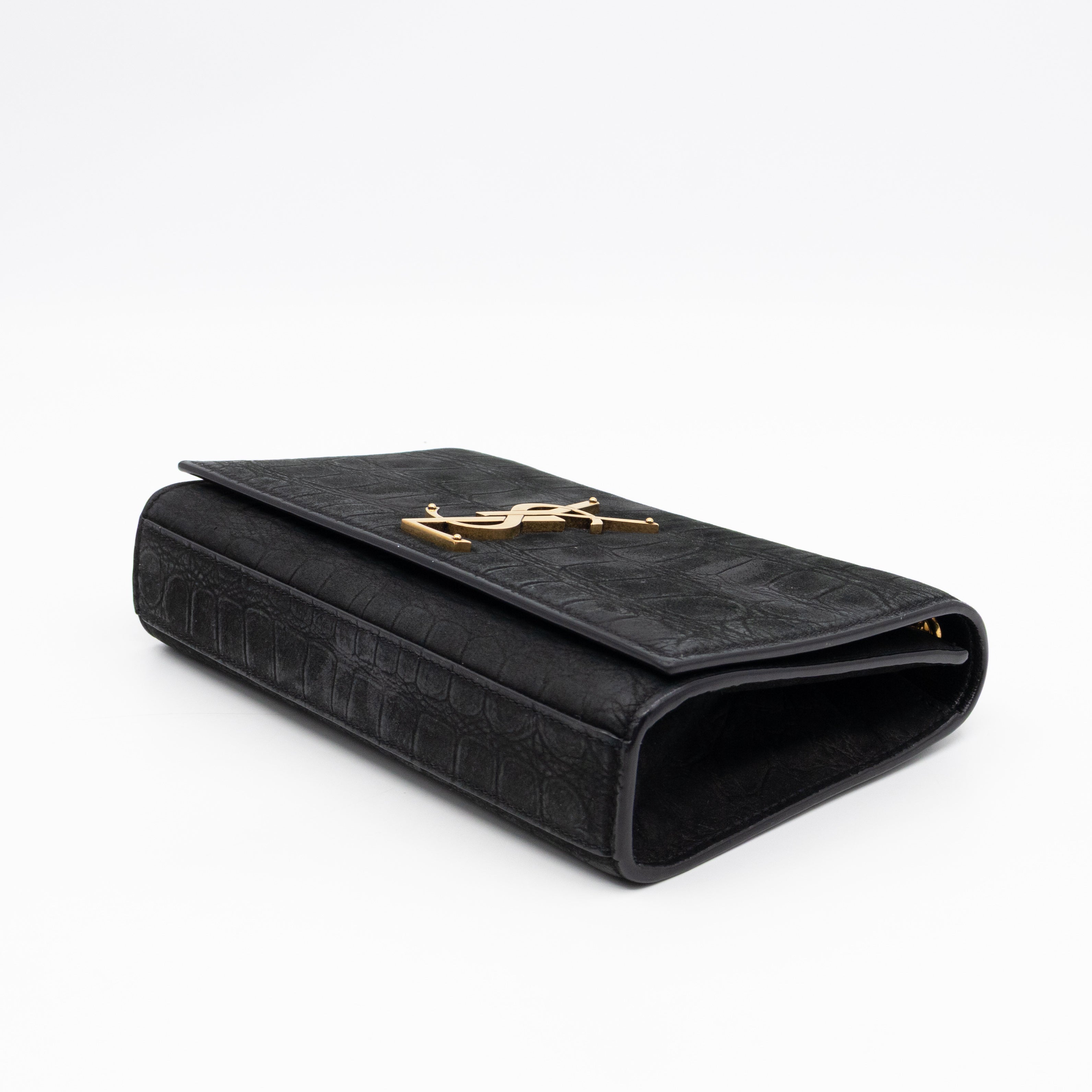 Kate Small Black Croc Embossed Nubuck Leather