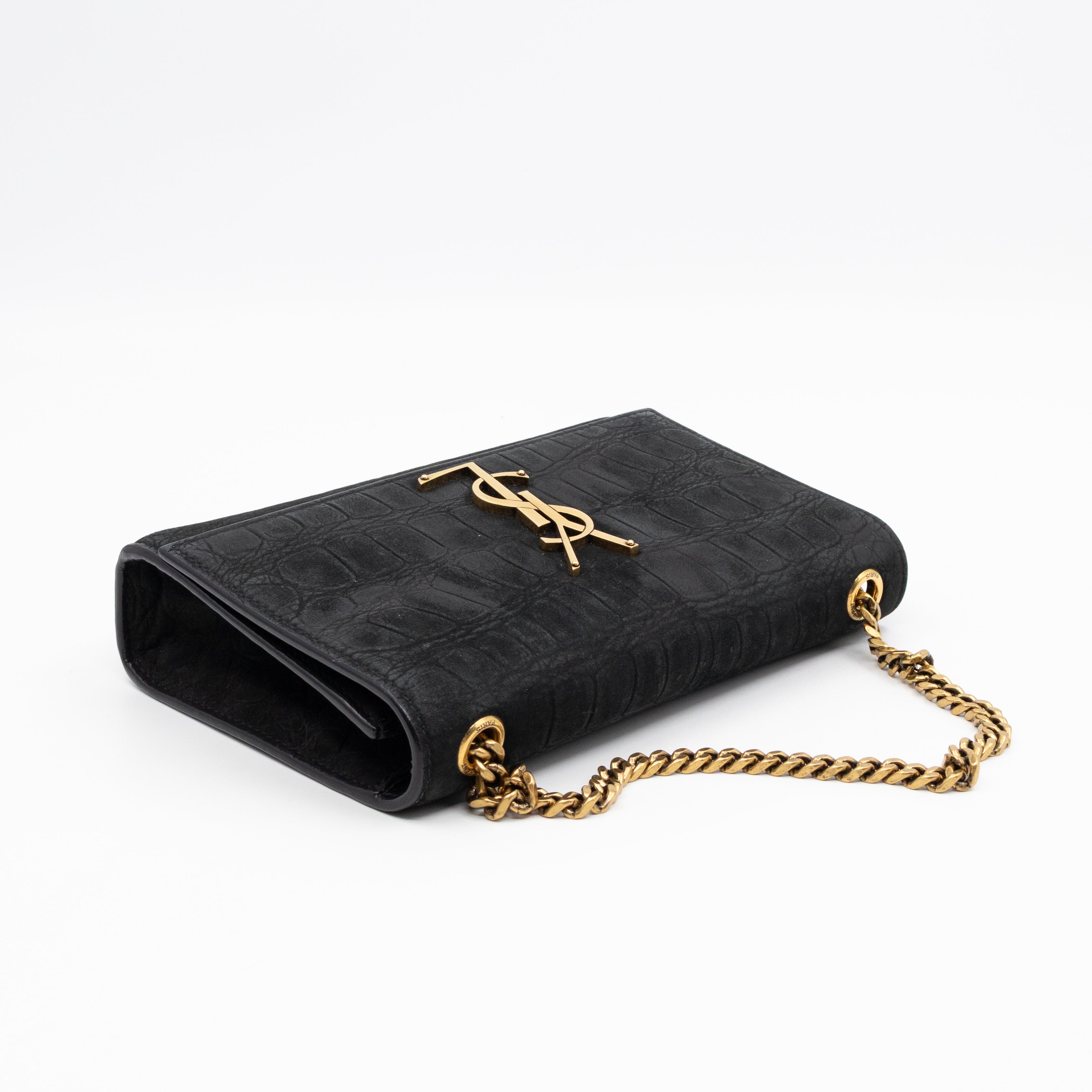 Kate Small Black Croc Embossed Nubuck Leather