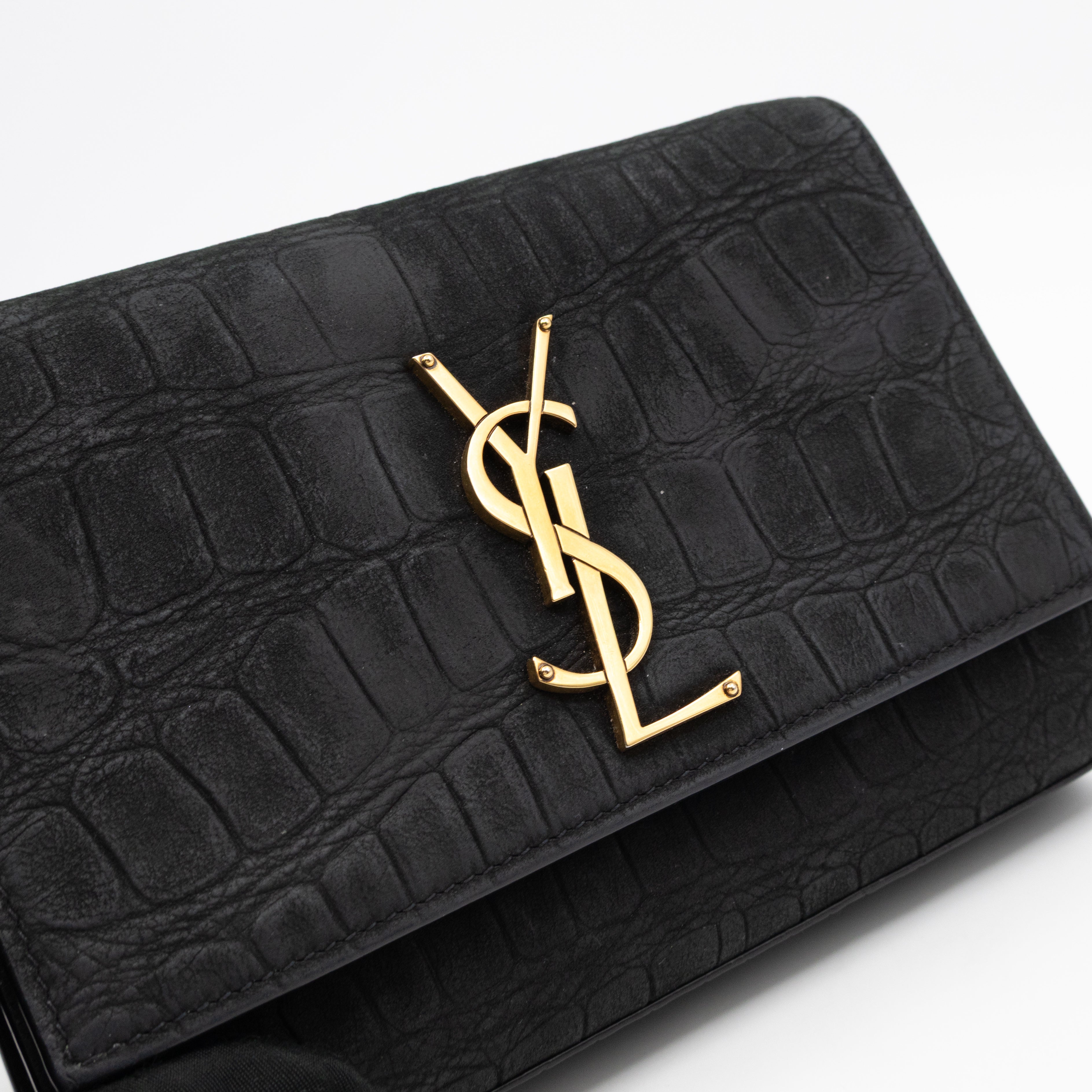 Kate Small Black Croc Embossed Nubuck Leather