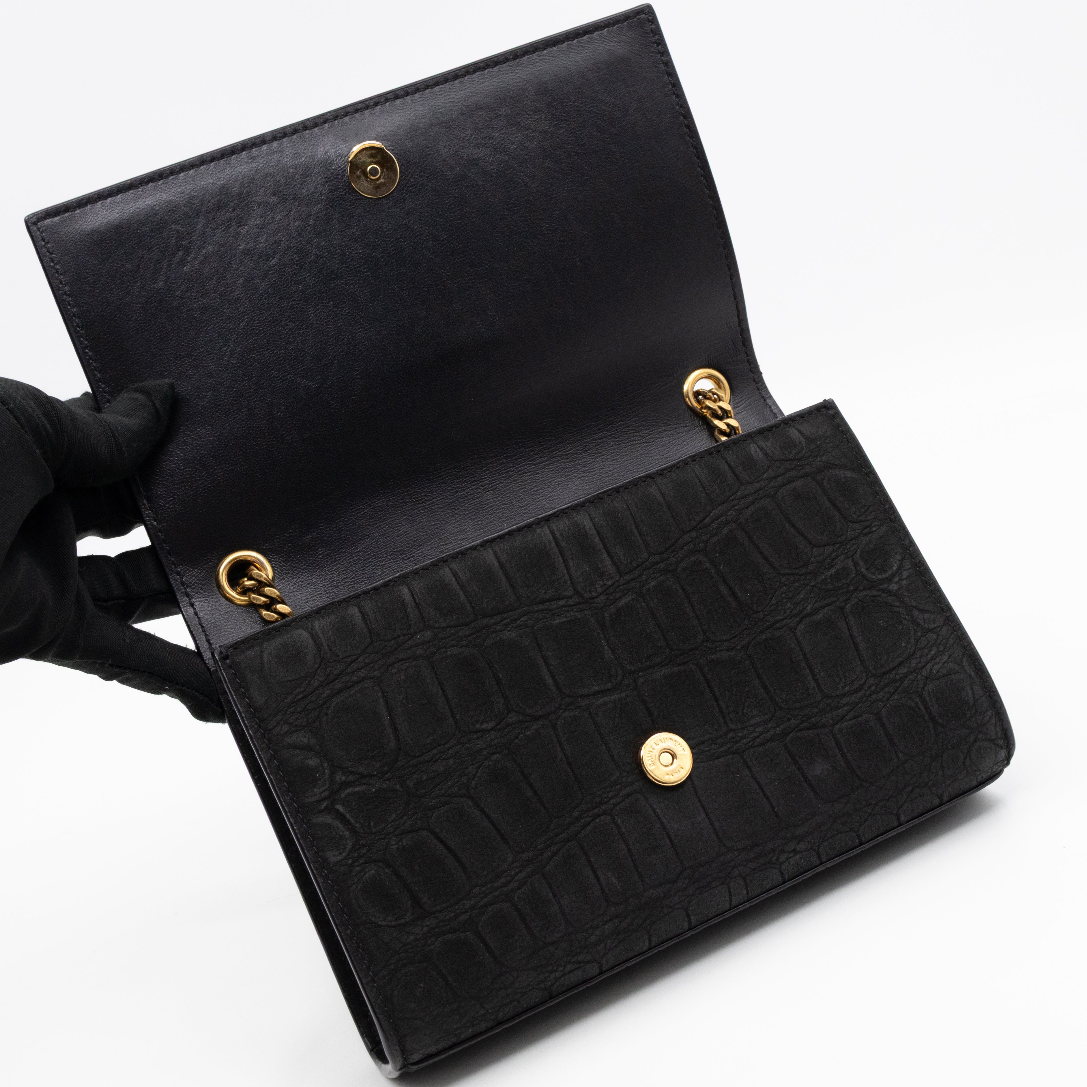Kate Small Black Croc Embossed Nubuck Leather