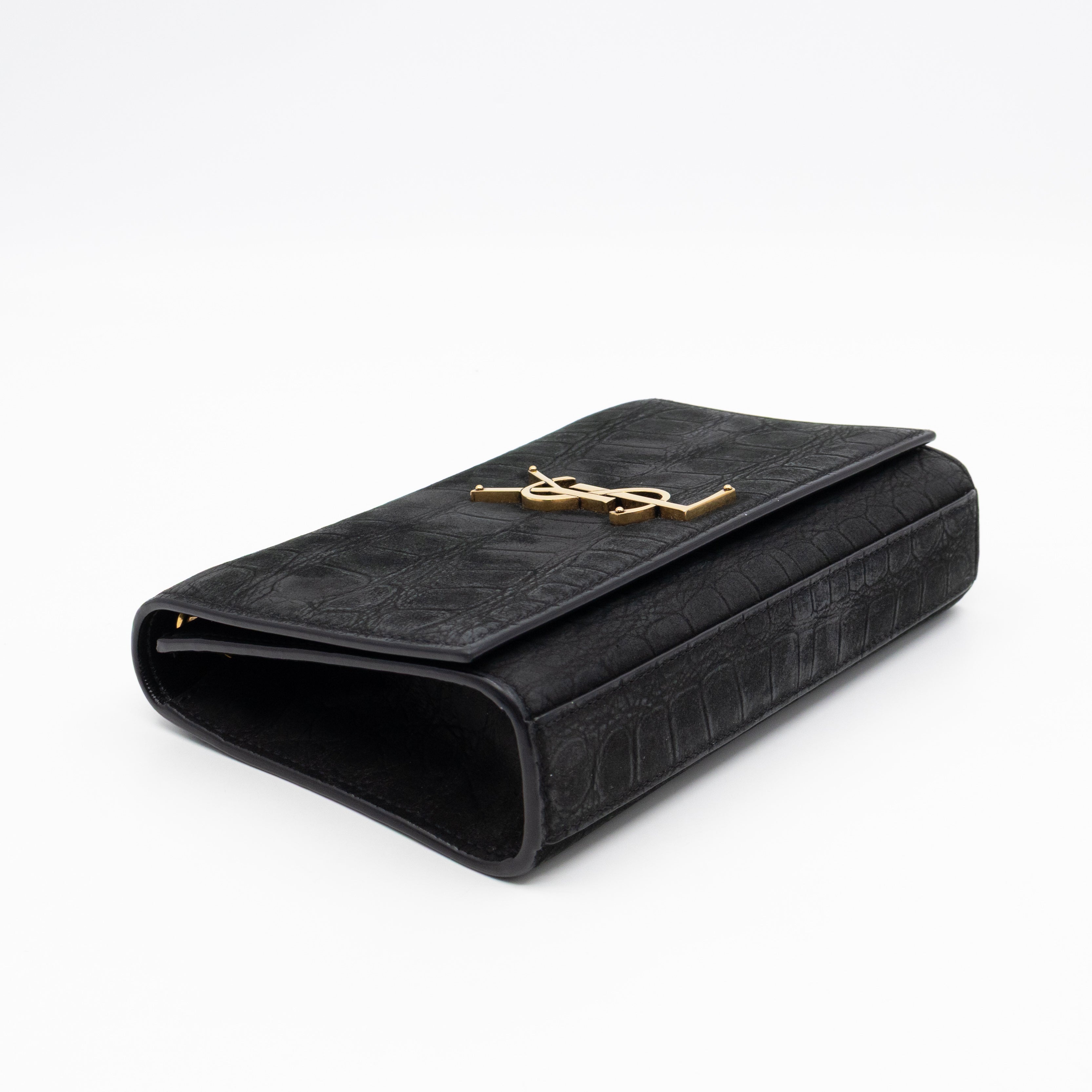 Kate Small Black Croc Embossed Nubuck Leather