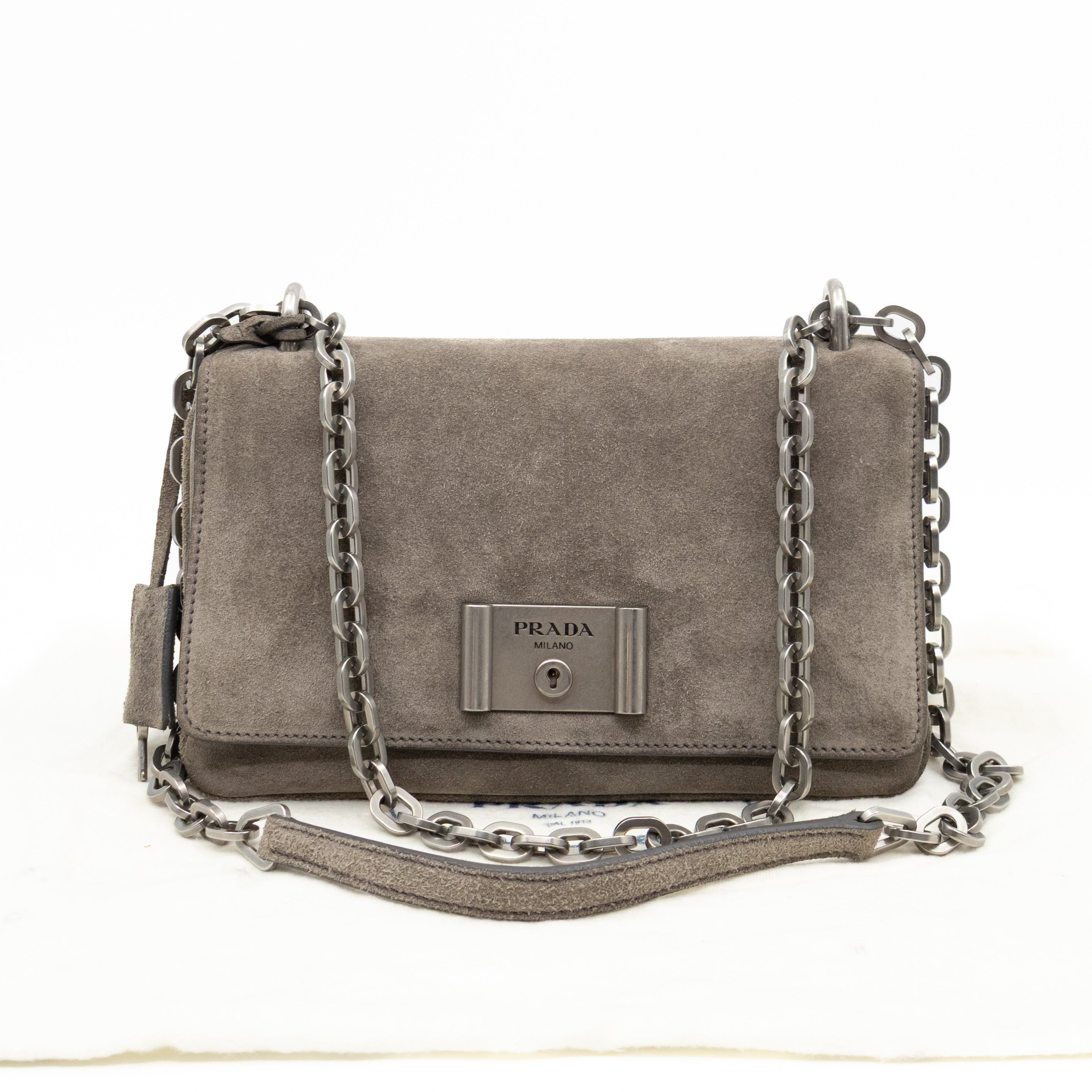 Chain Flap Shoulder Bag Grey Suede
