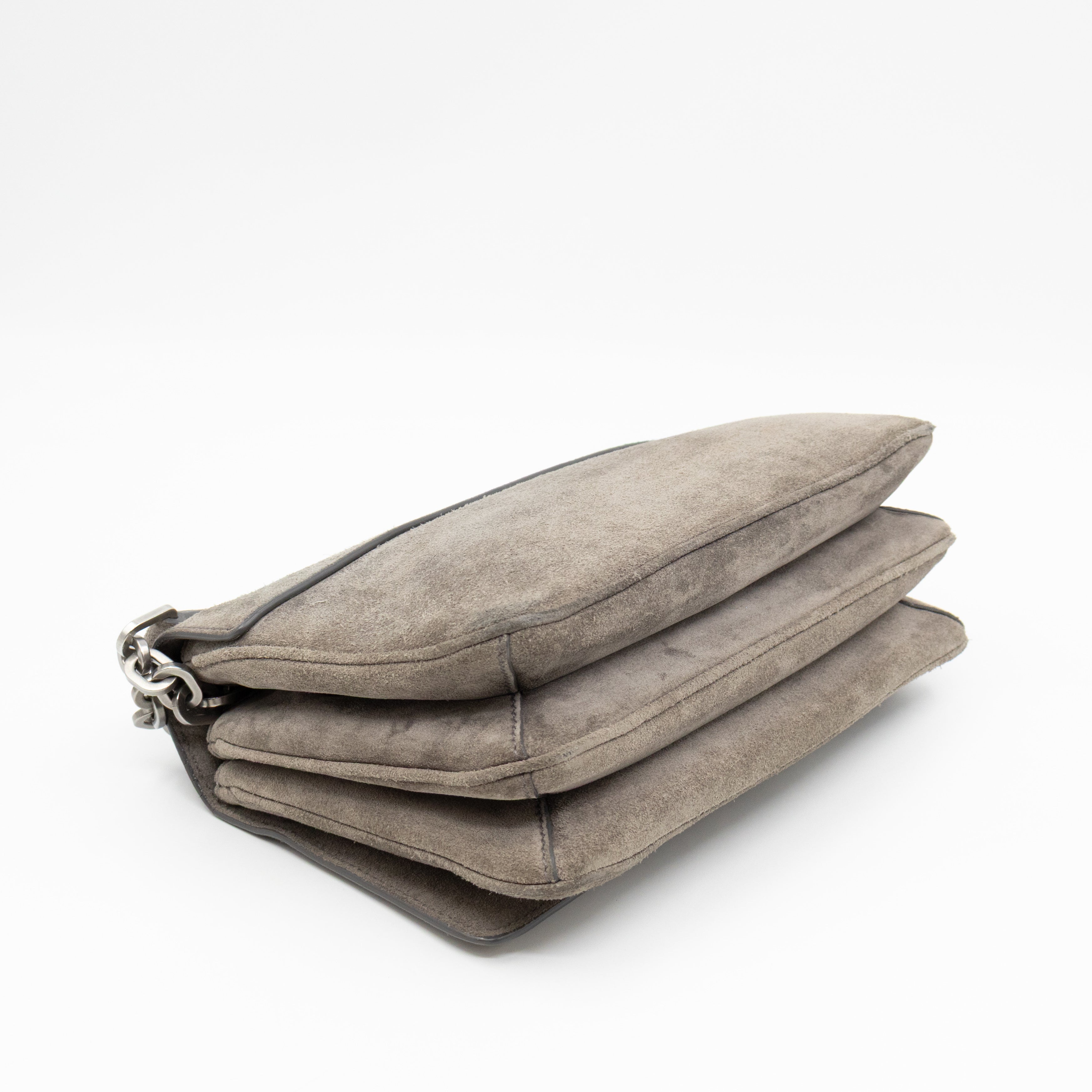 Chain Flap Shoulder Bag Grey Suede