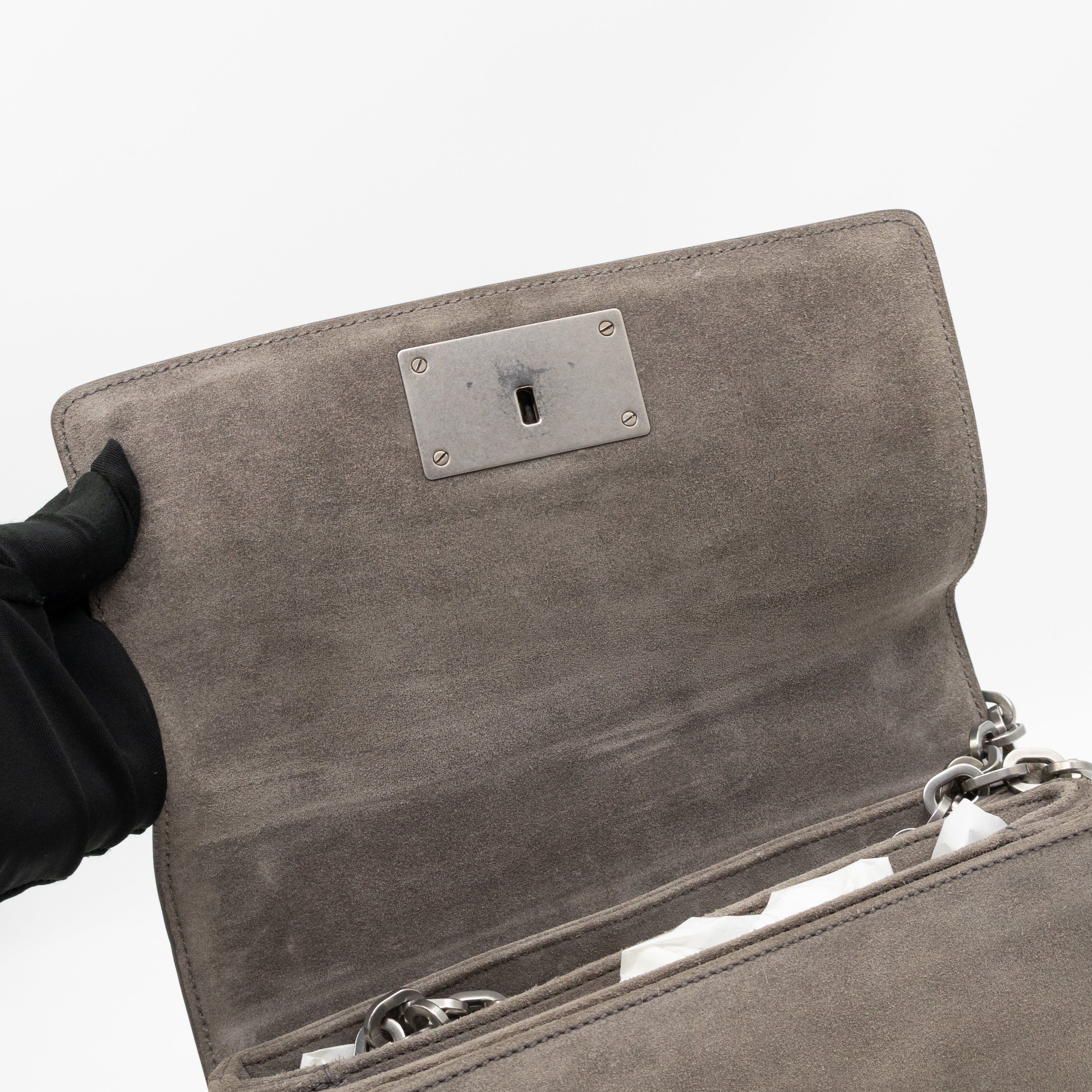 Chain Flap Shoulder Bag Grey Suede