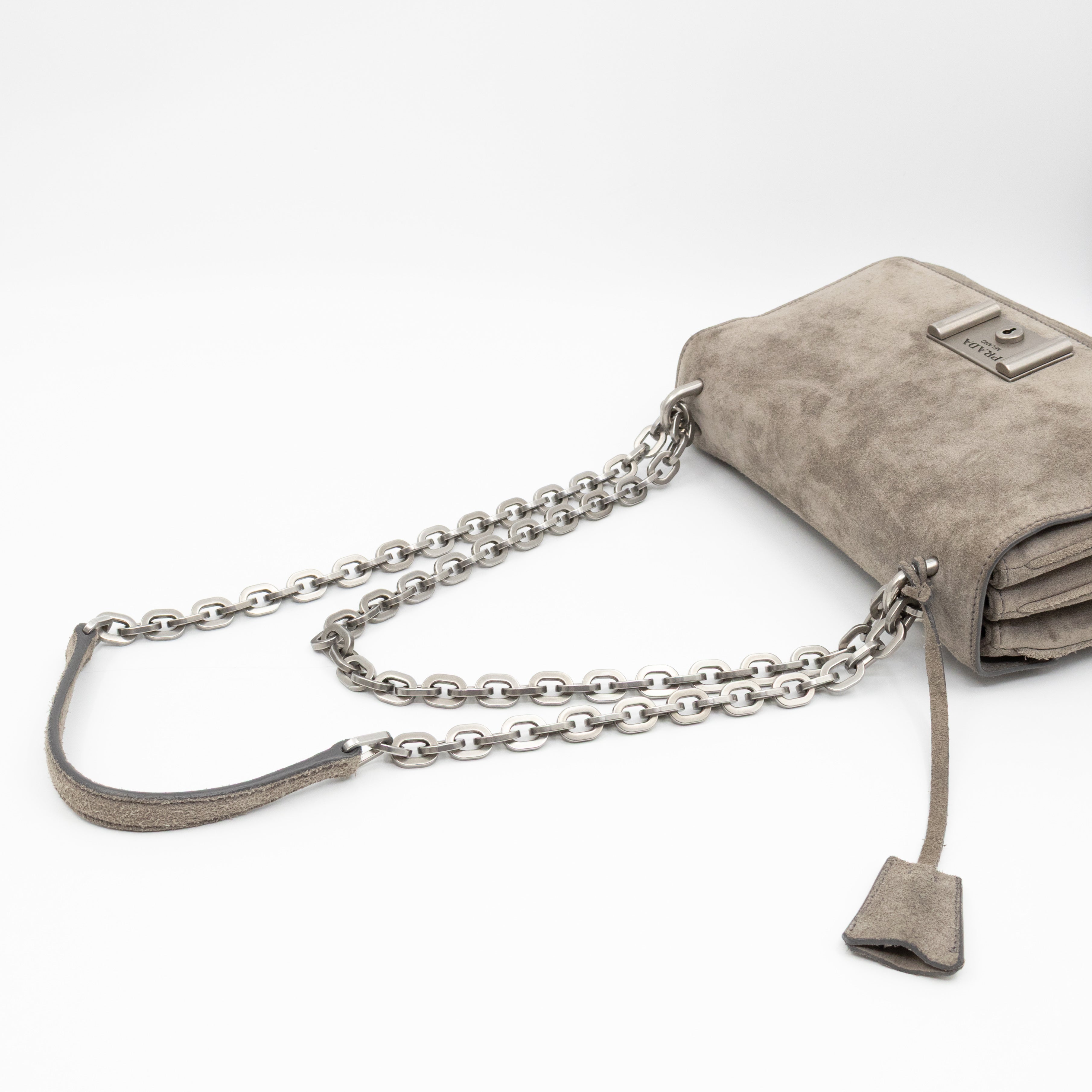 Chain Flap Shoulder Bag Grey Suede