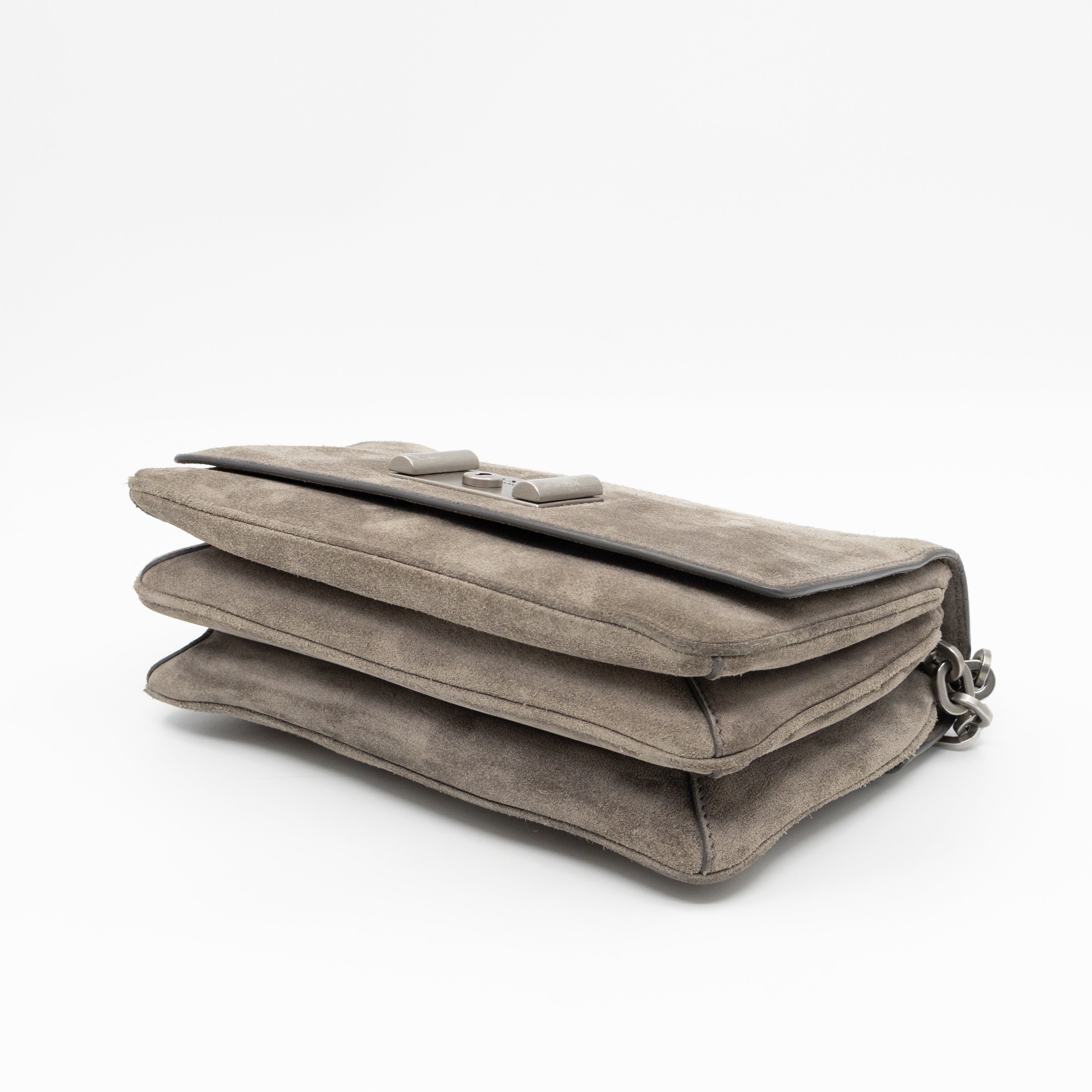 Chain Flap Shoulder Bag Grey Suede