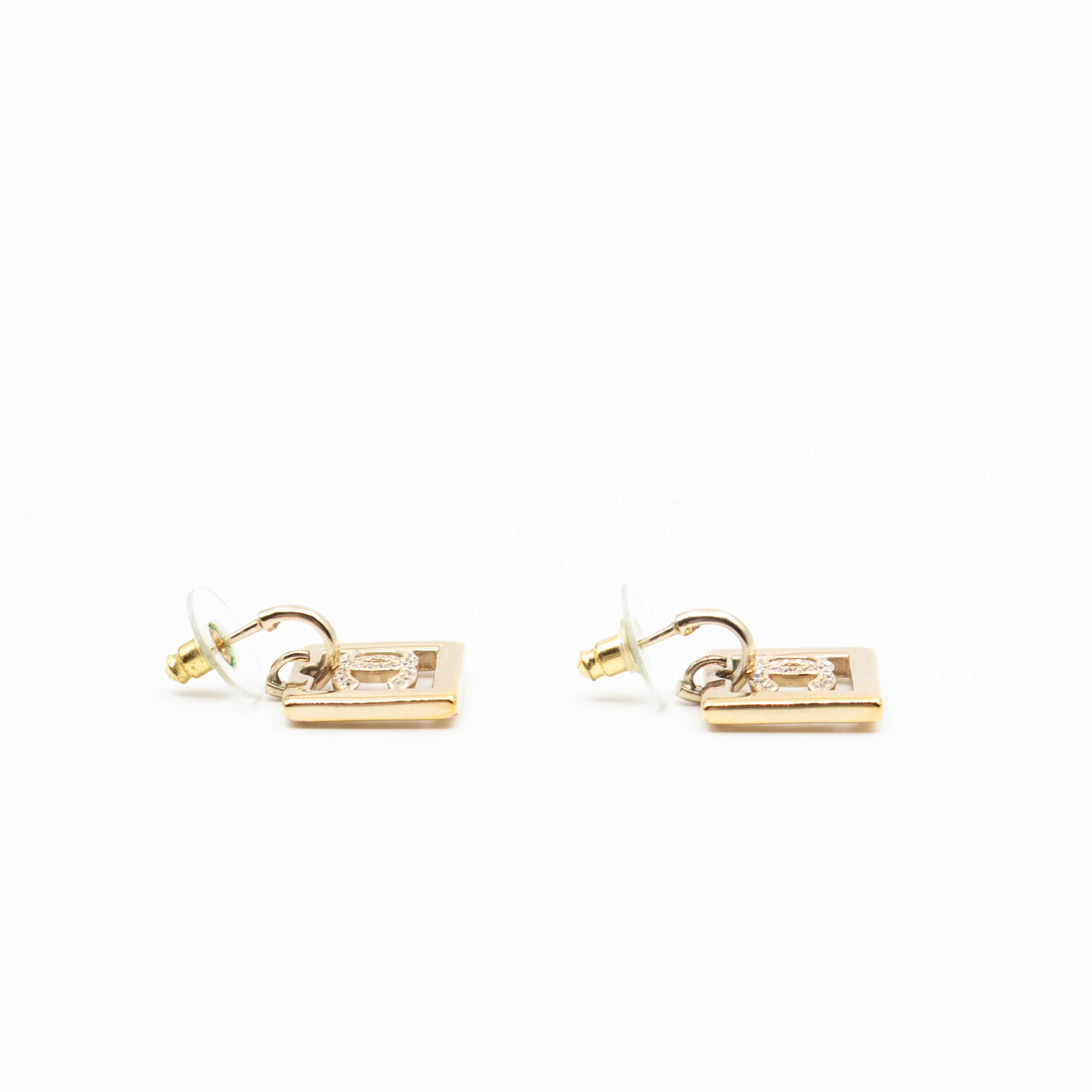 CC in Square Crystal Dangle Earrings Gold