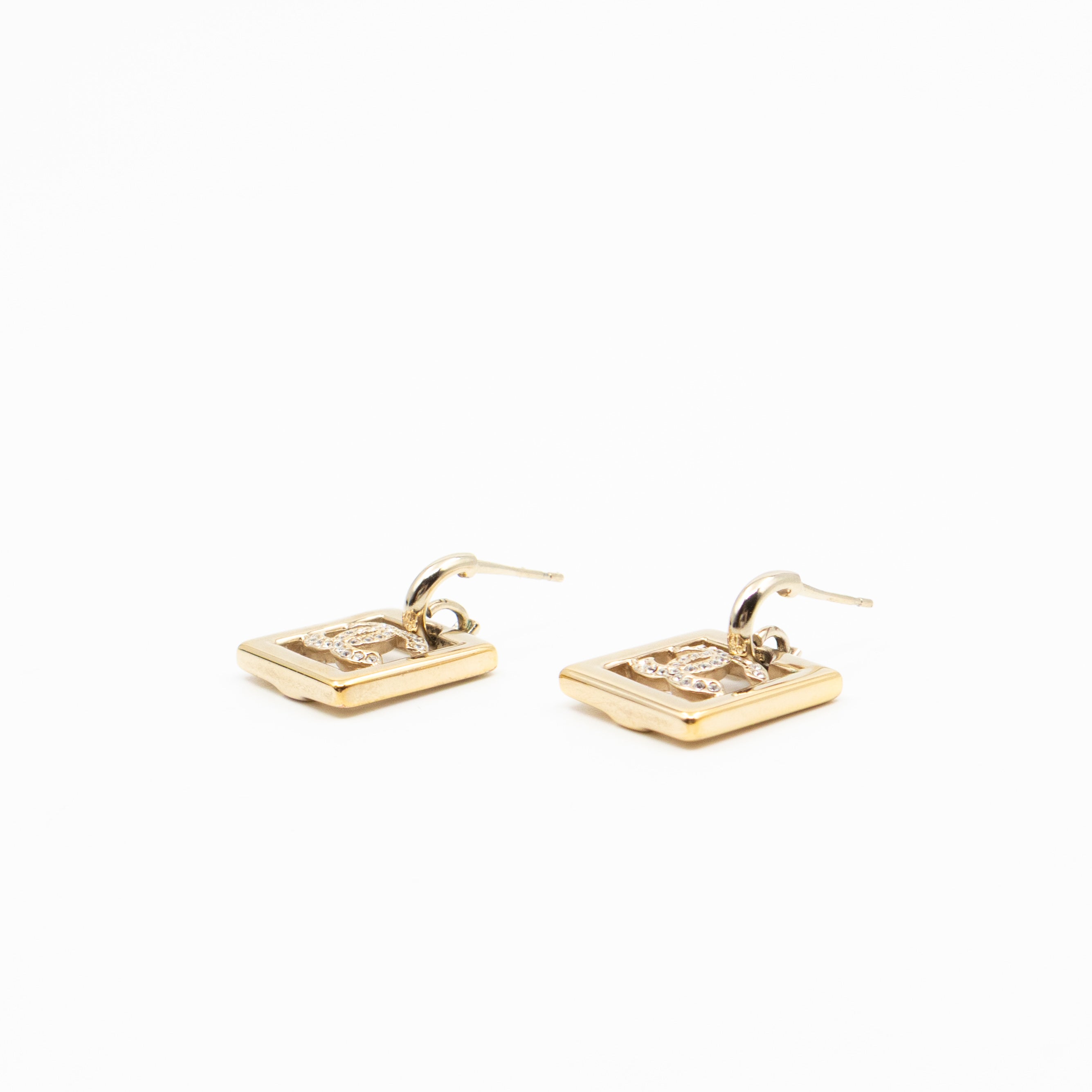 CC in Square Crystal Dangle Earrings Gold