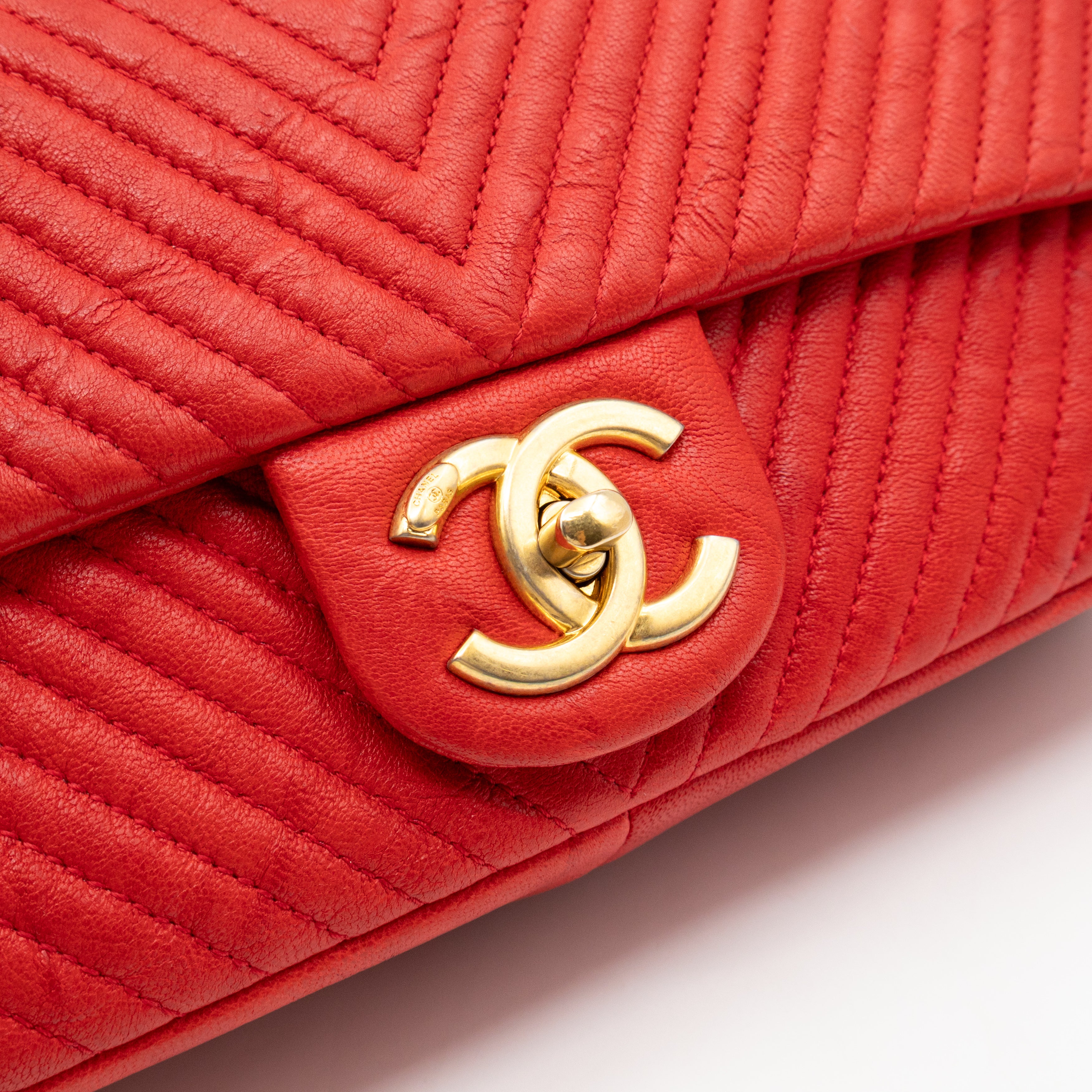 Medallion Charm Flap Bag Medium Red Chevron Calfskin Leather