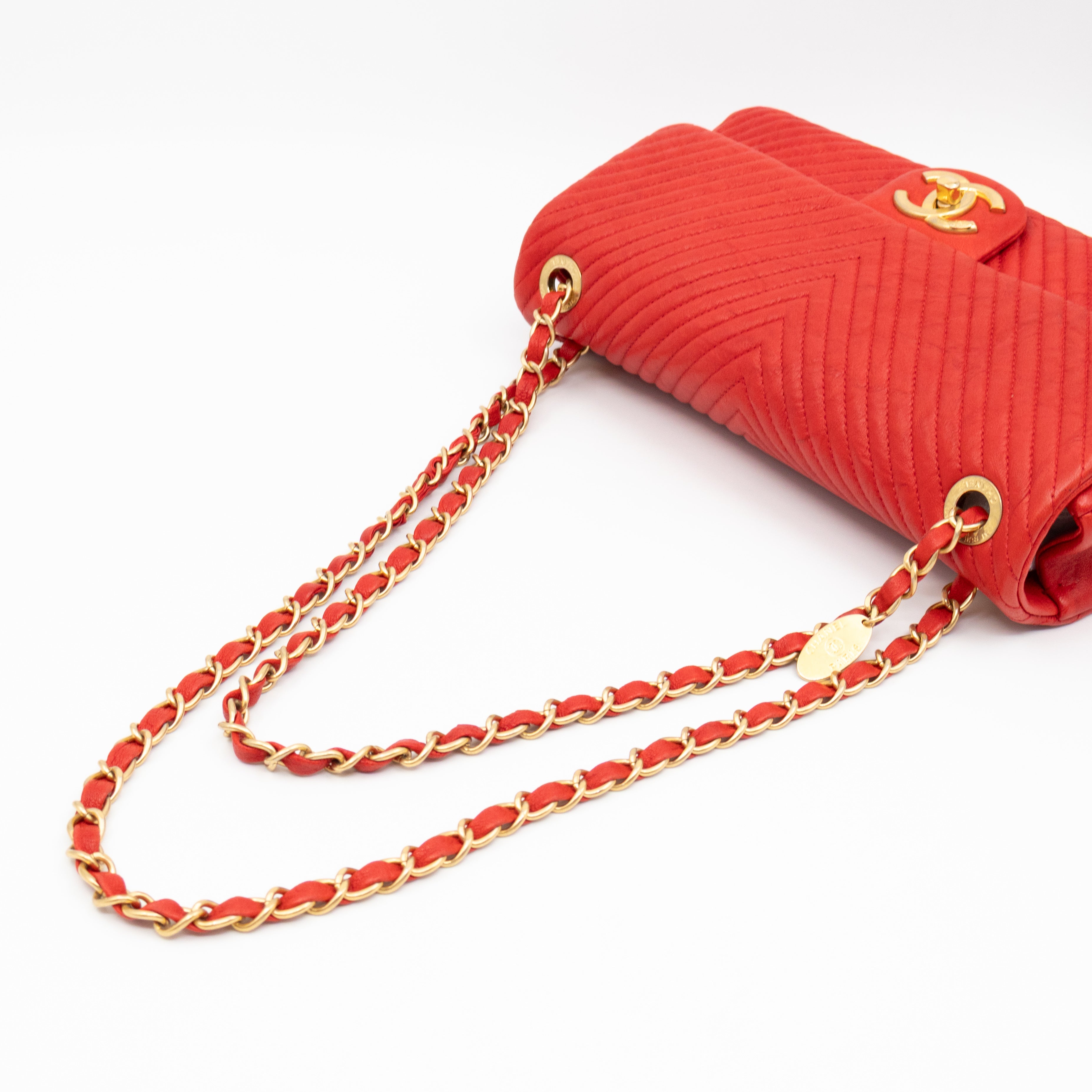 Medallion Charm Flap Bag Medium Red Chevron Calfskin Leather