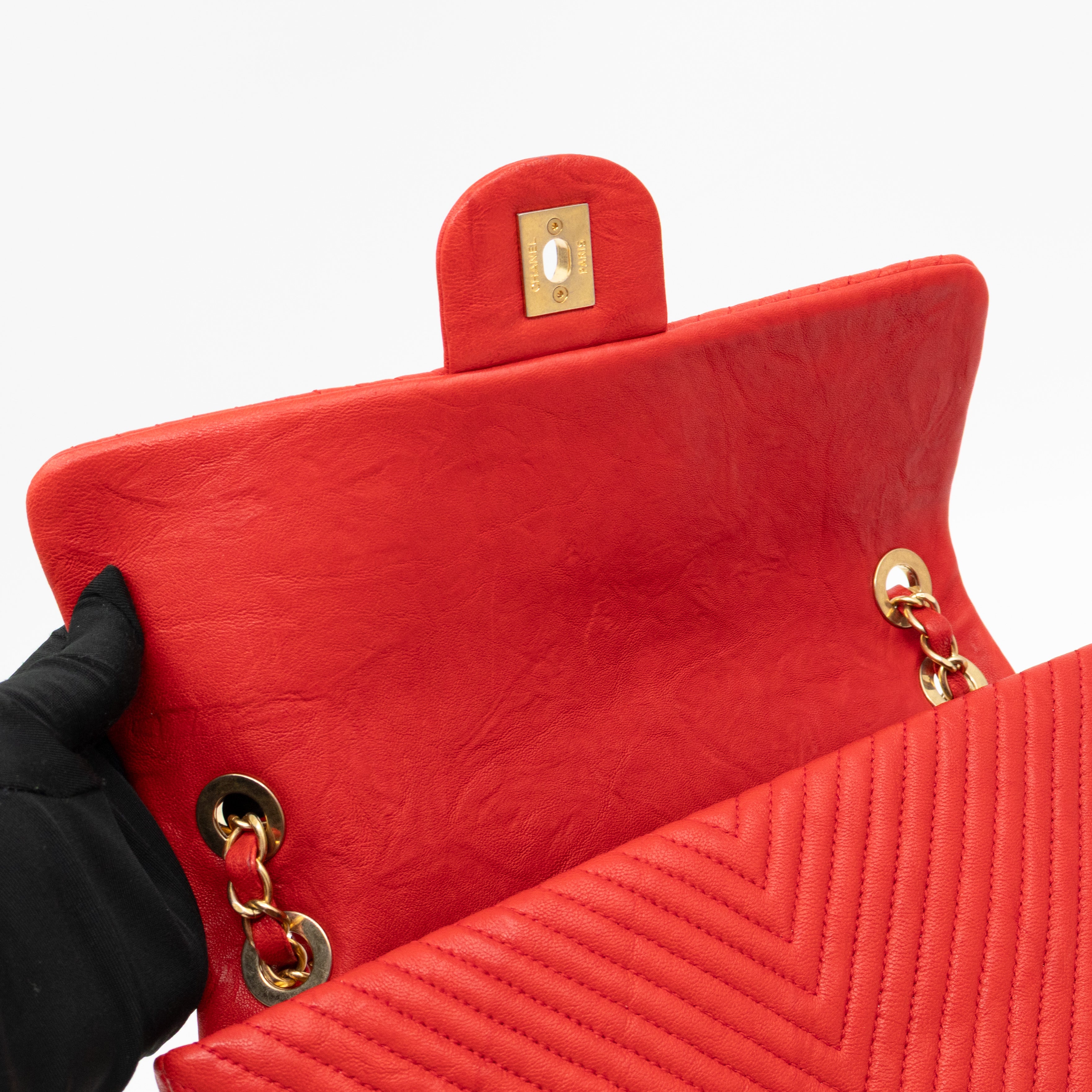 Medallion Charm Flap Bag Medium Red Chevron Calfskin Leather