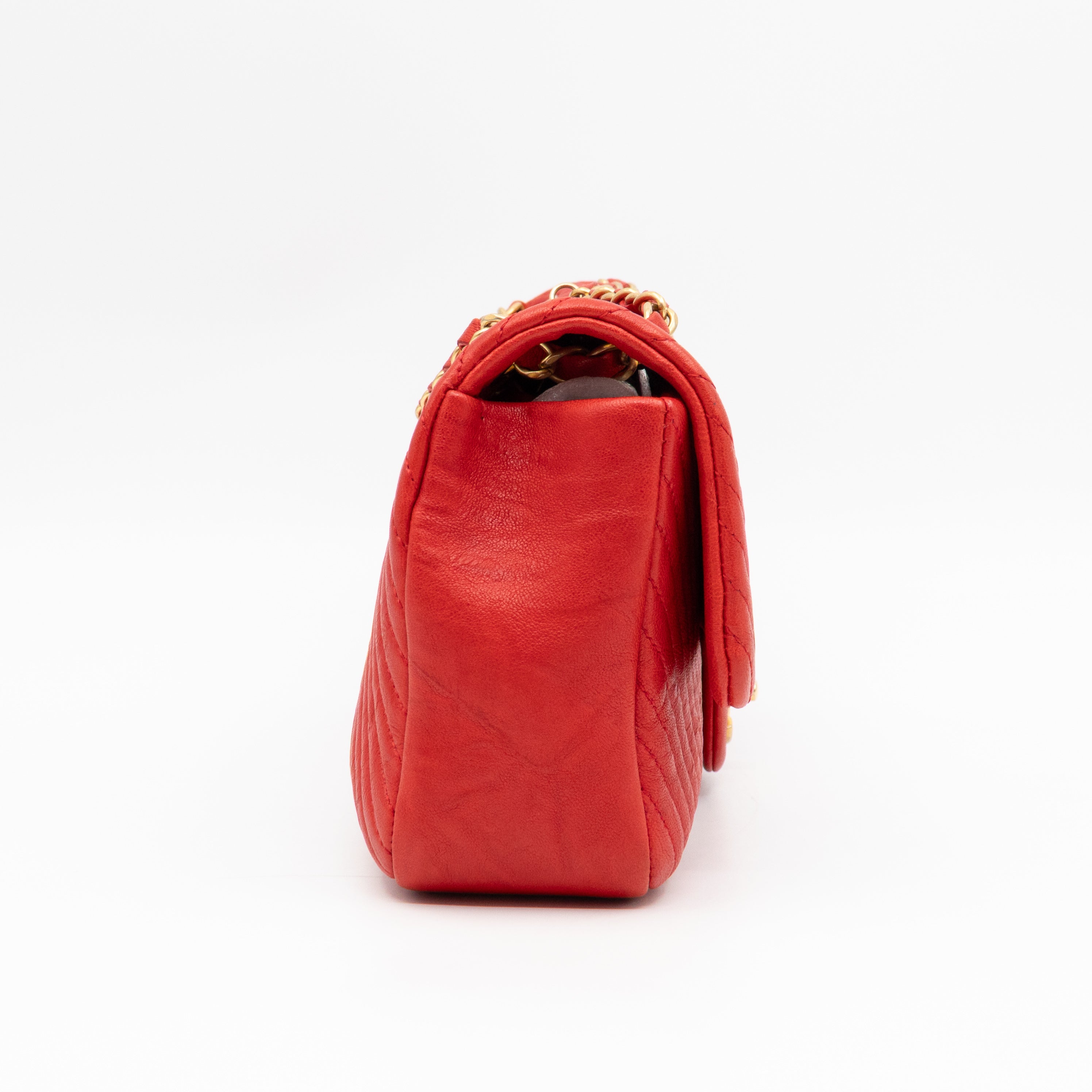 Medallion Charm Flap Bag Medium Red Chevron Calfskin Leather