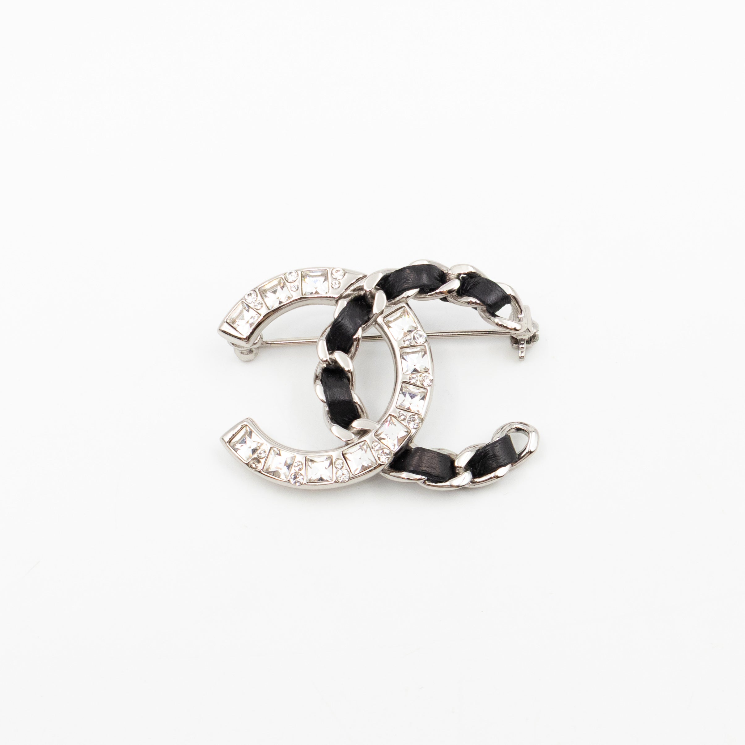 CC Crystal & Leather Silver-tone Brooch