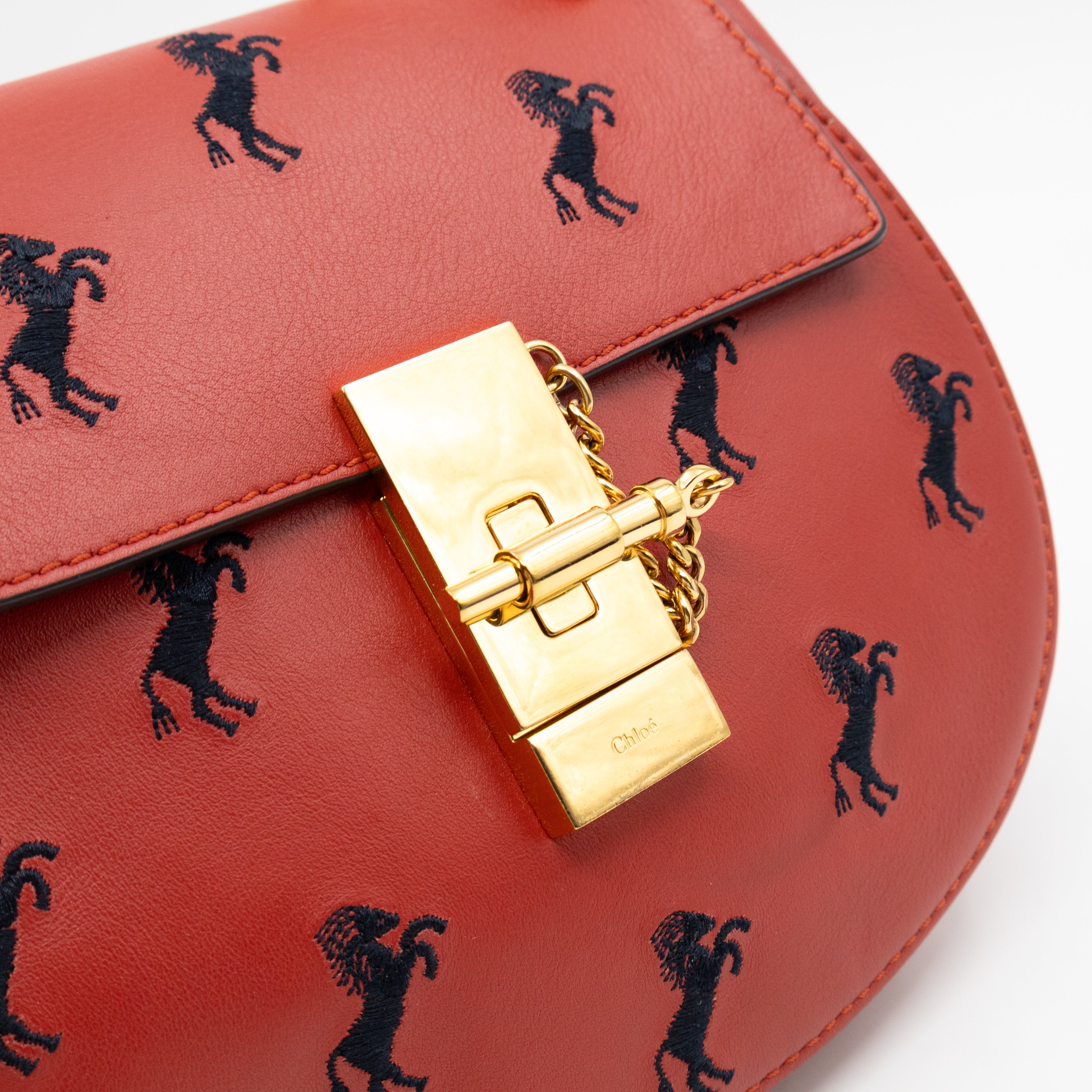 Mini Drew Horses Embroidered Earthy Red Leather