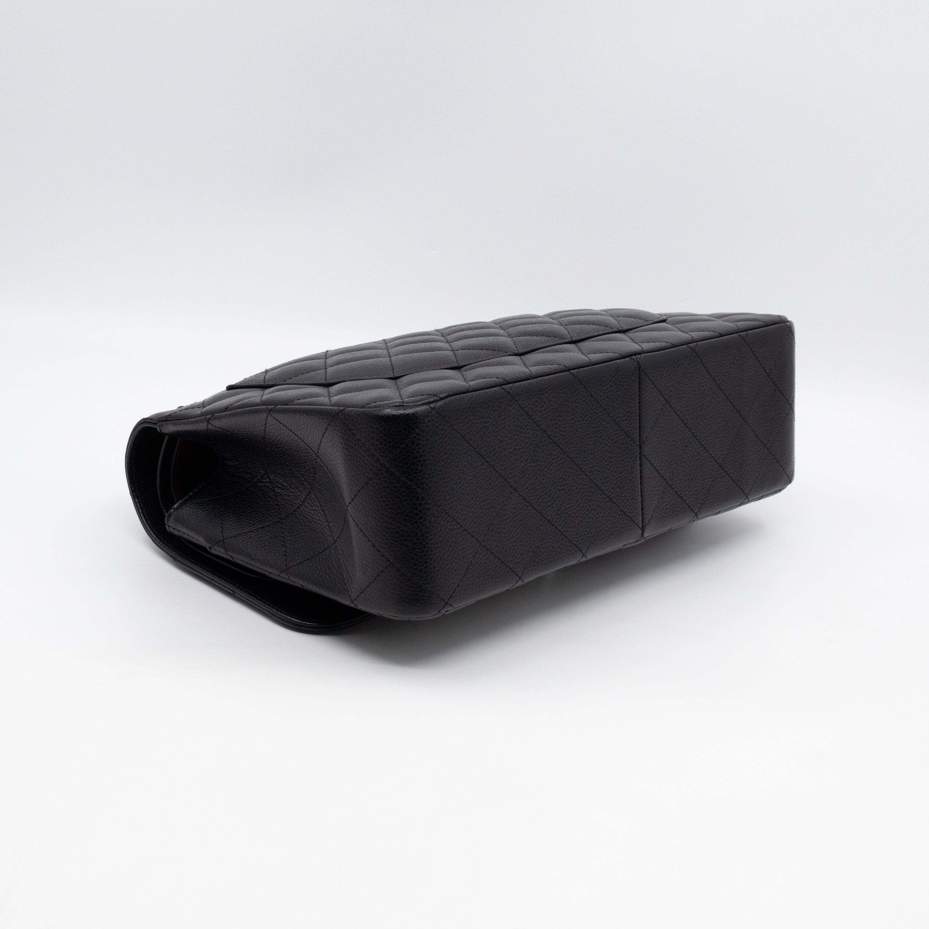 Classic Double Flap Jumbo Black Caviarskin Leather Silver
