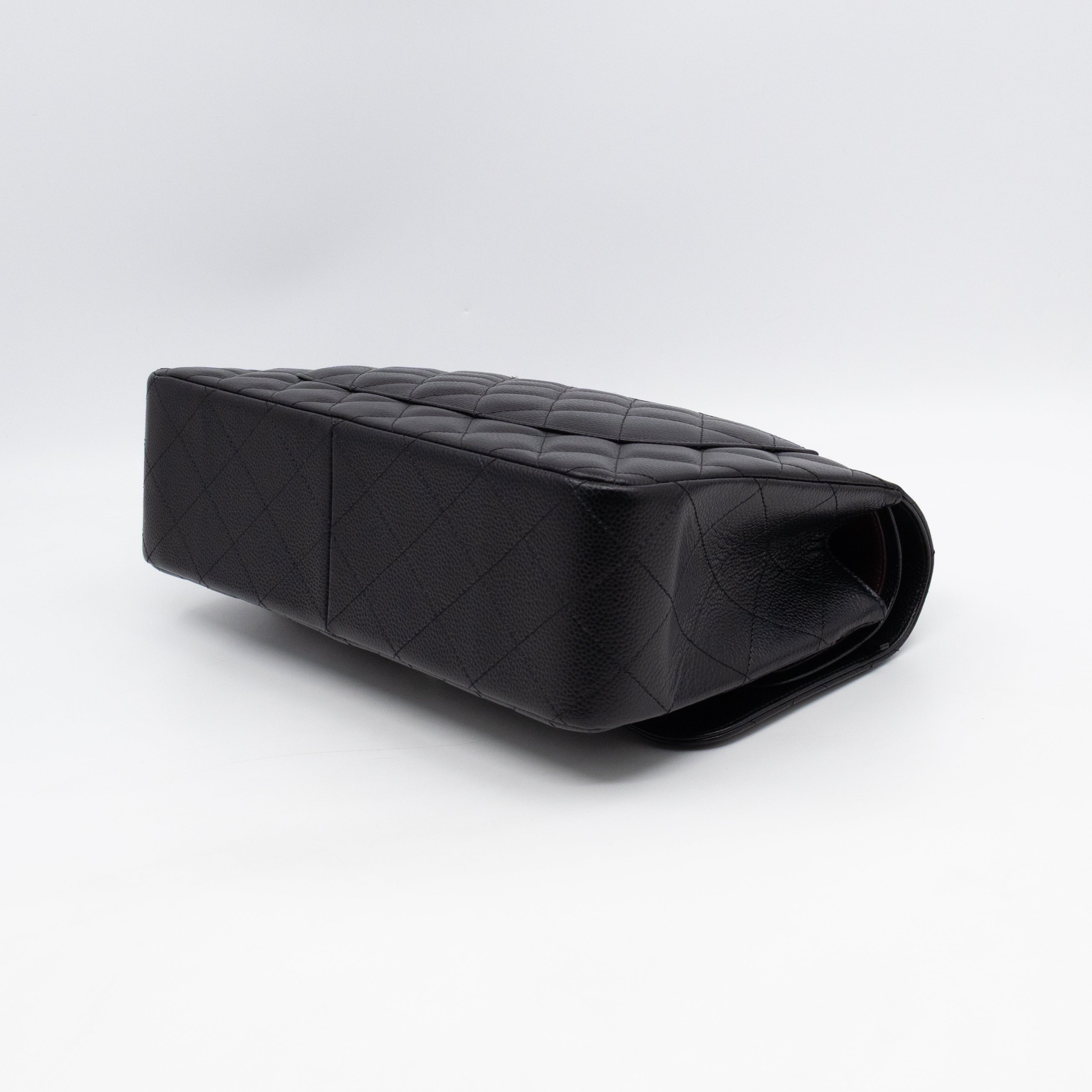 Classic Double Flap Jumbo Black Caviarskin Leather Silver