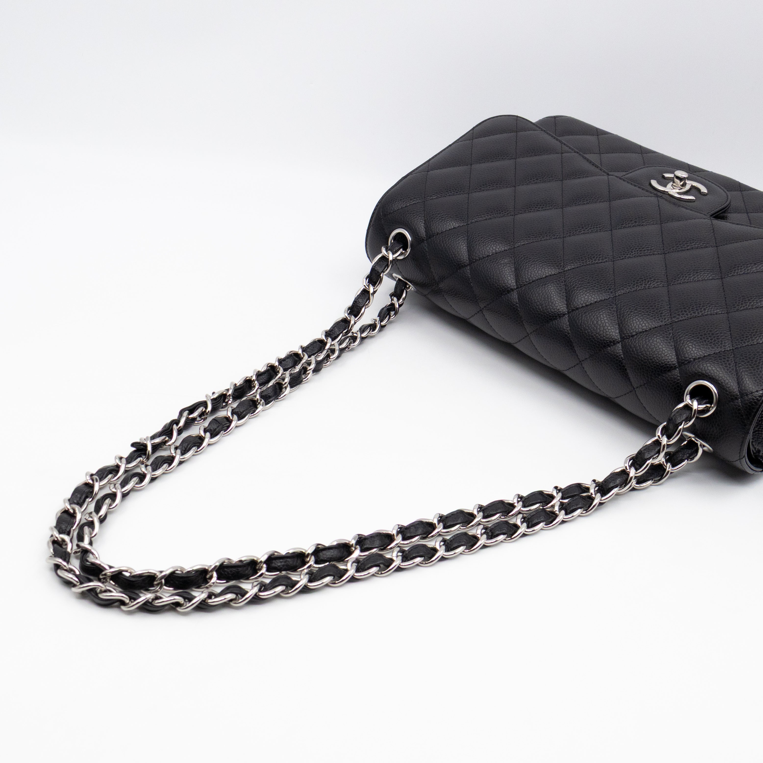Classic Double Flap Jumbo Black Caviarskin Leather Silver