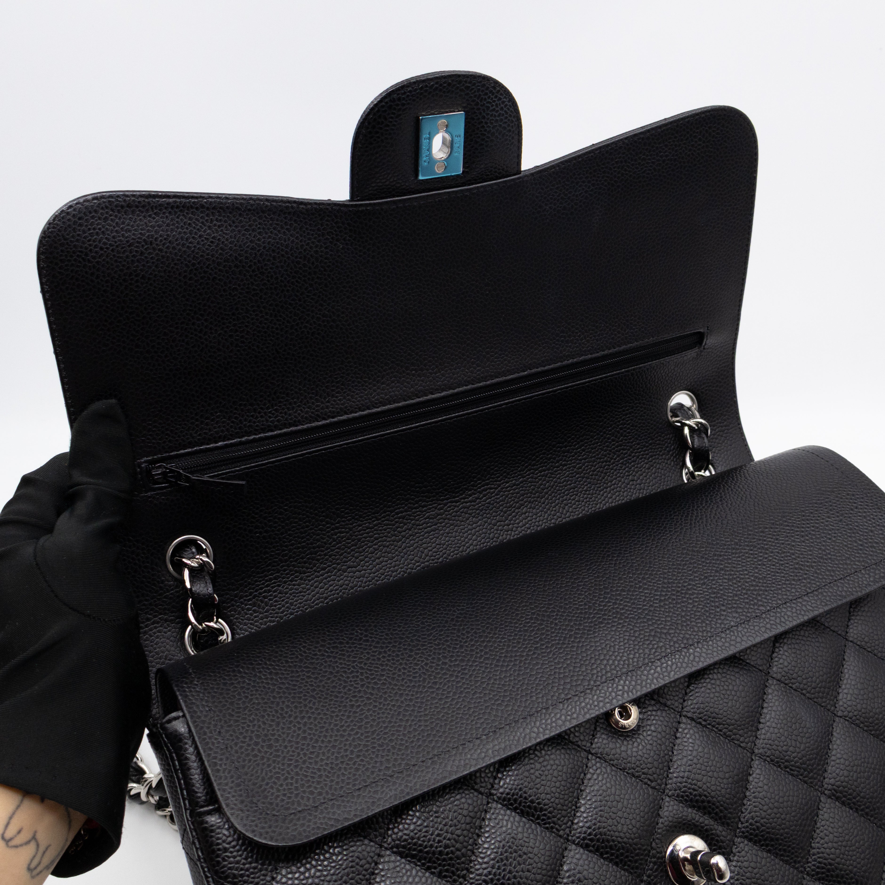 Classic Double Flap Jumbo Black Caviarskin Leather Silver