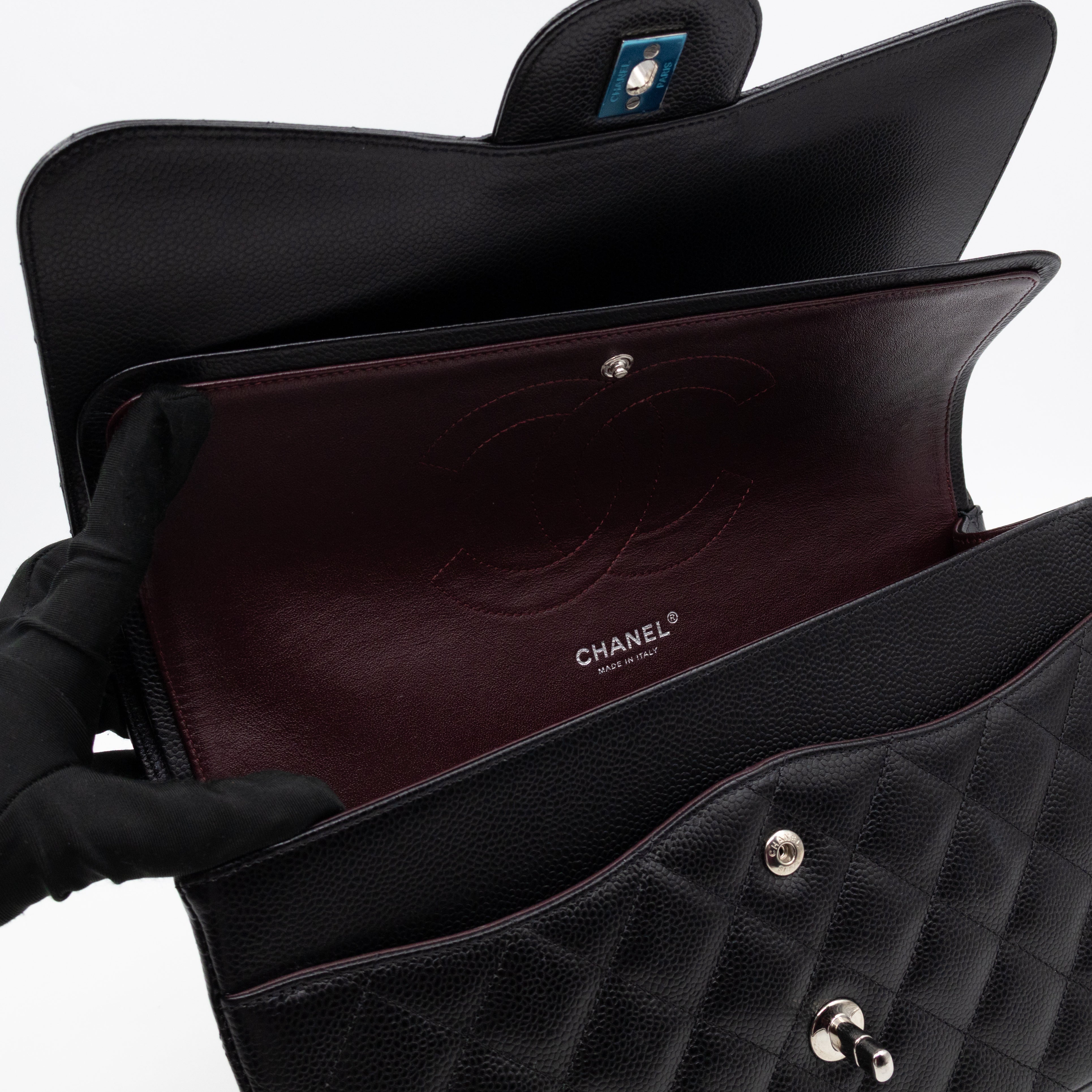 Classic Double Flap Jumbo Black Caviarskin Leather Silver