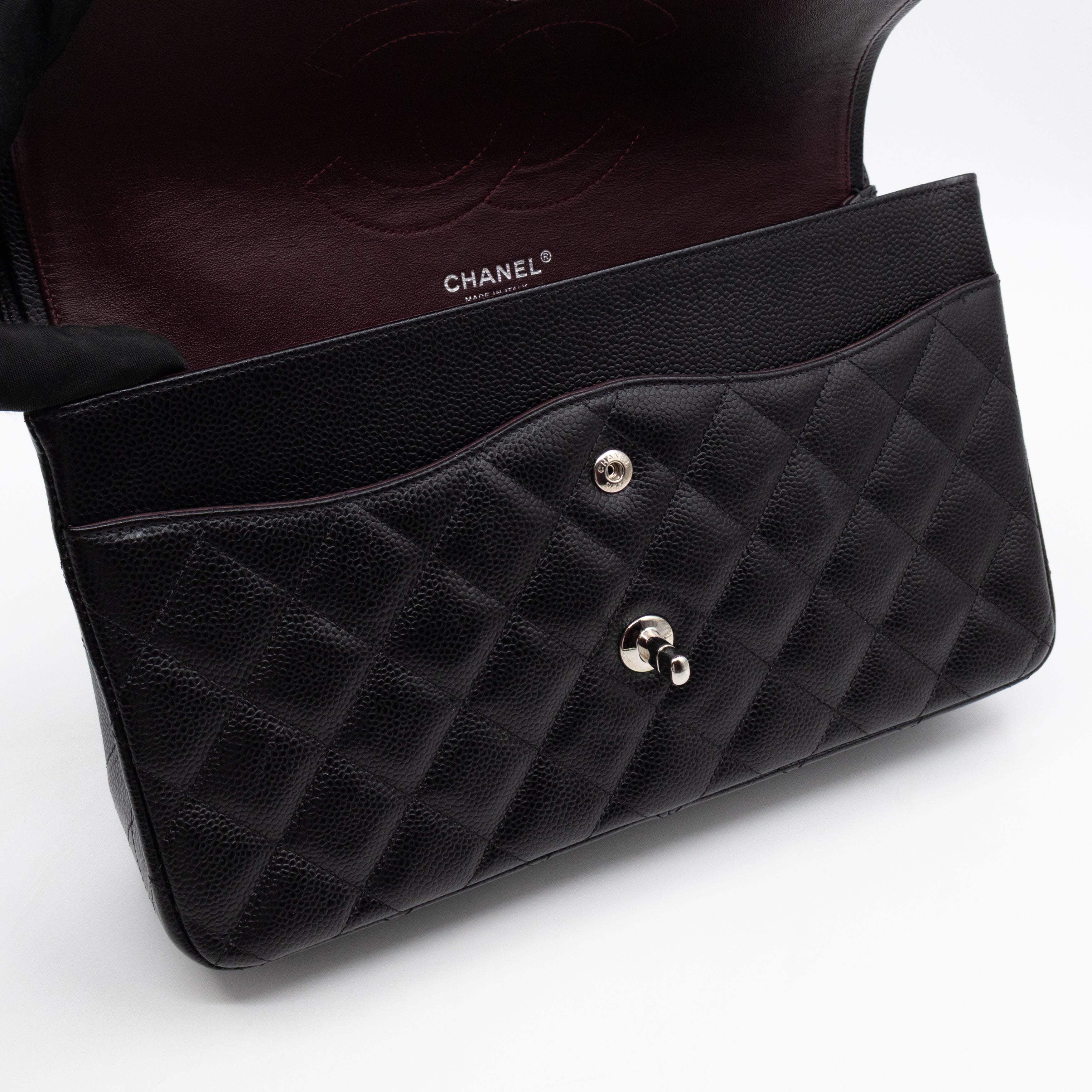 Classic Double Flap Jumbo Black Caviarskin Leather Silver