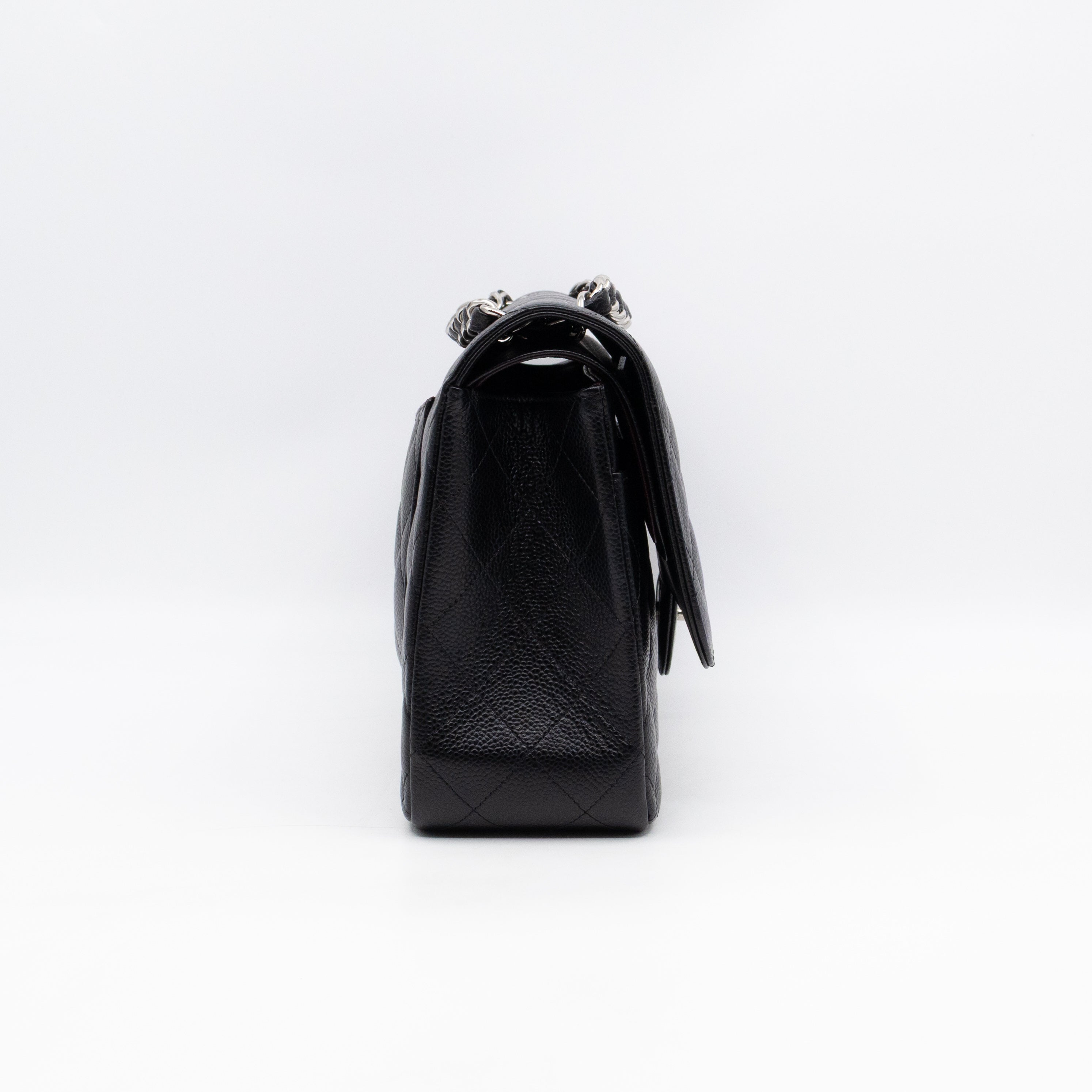 Classic Double Flap Jumbo Black Caviarskin Leather Silver