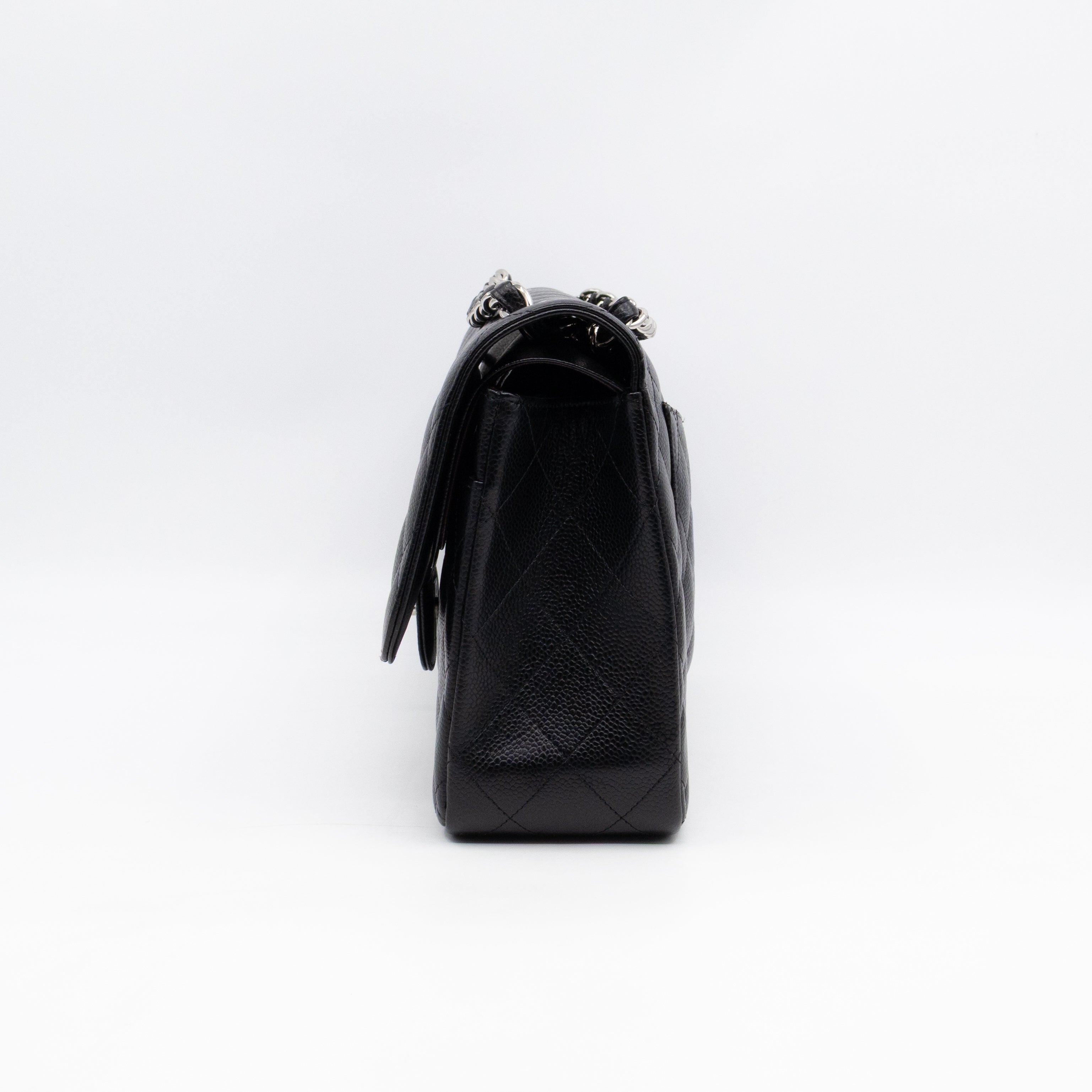 Classic Double Flap Jumbo Black Caviarskin Leather Silver