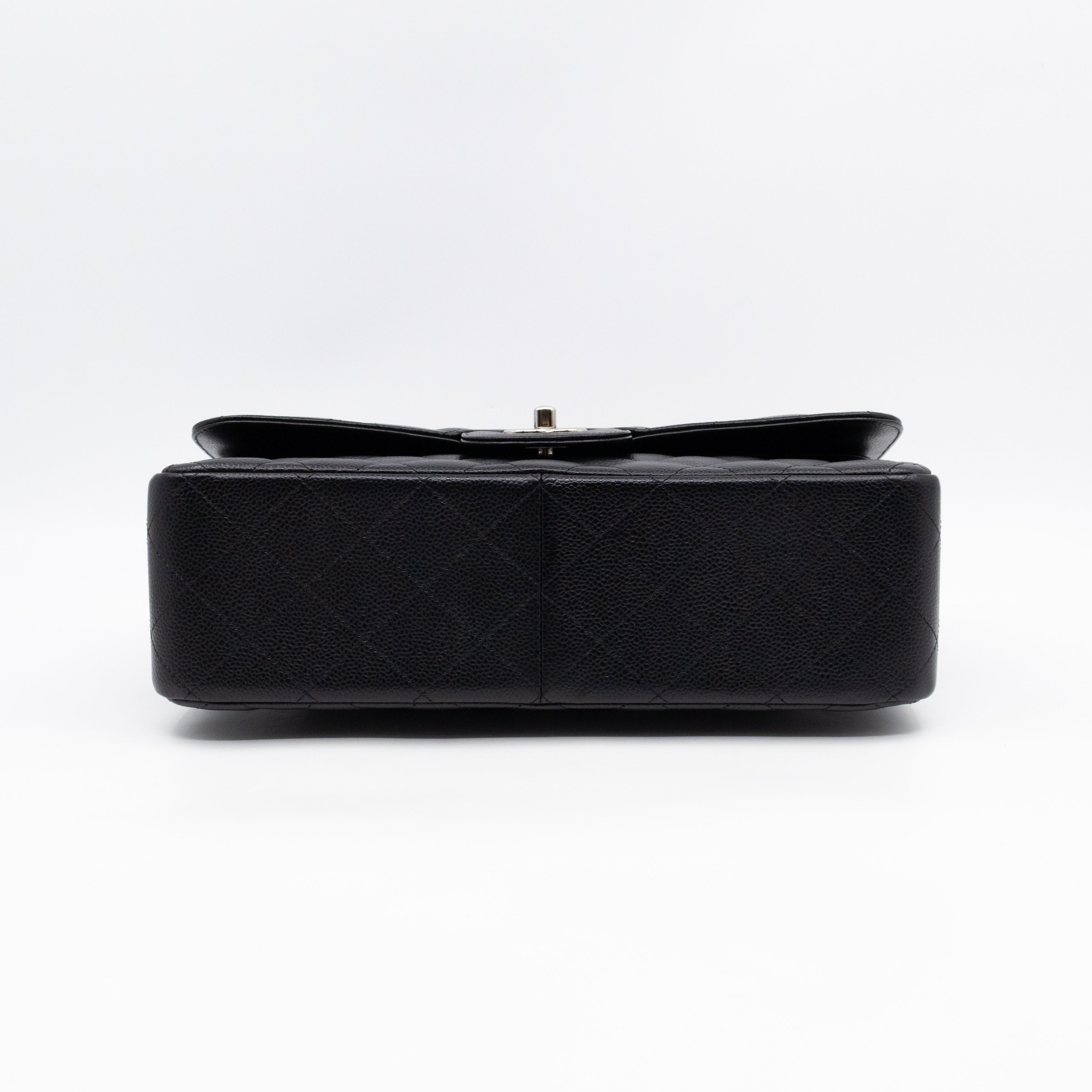 Classic Double Flap Jumbo Black Caviarskin Leather Silver