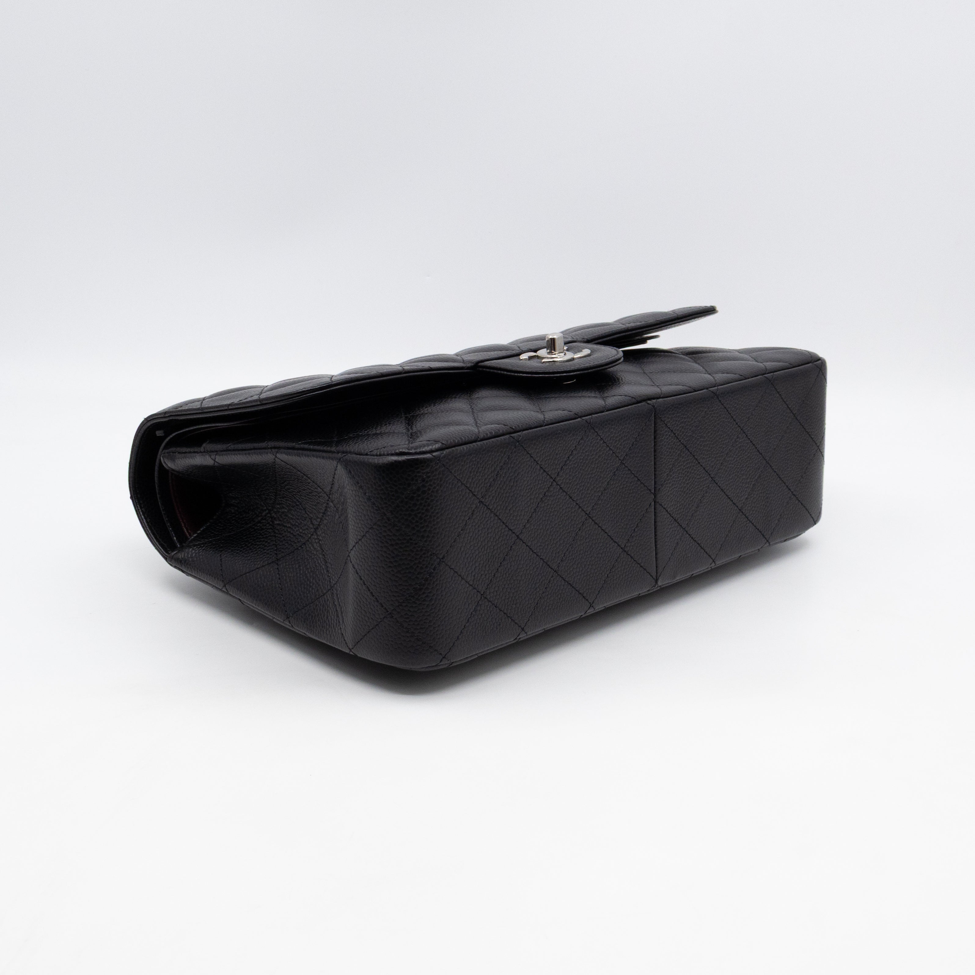 Classic Double Flap Jumbo Black Caviarskin Leather Silver