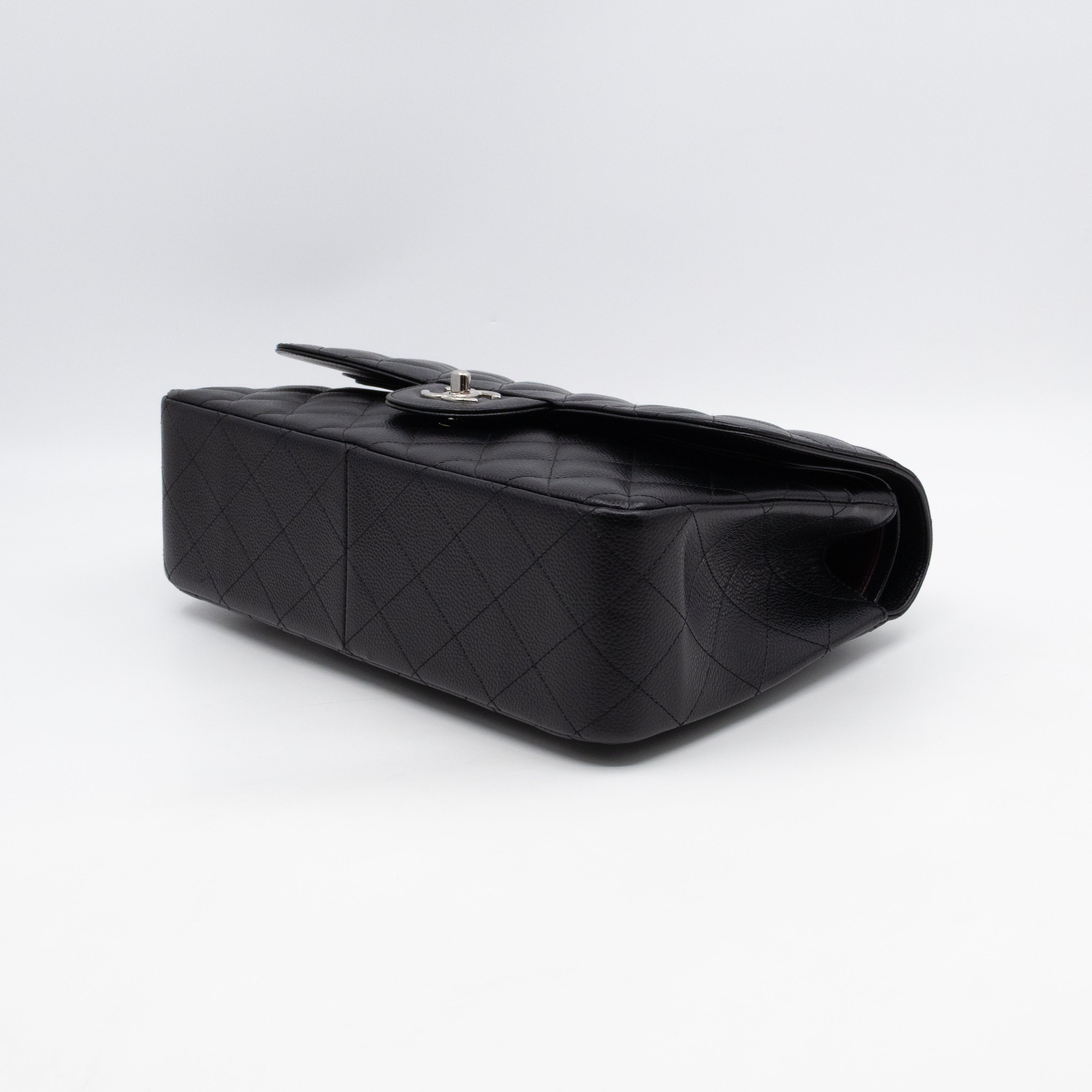 Classic Double Flap Jumbo Black Caviarskin Leather Silver