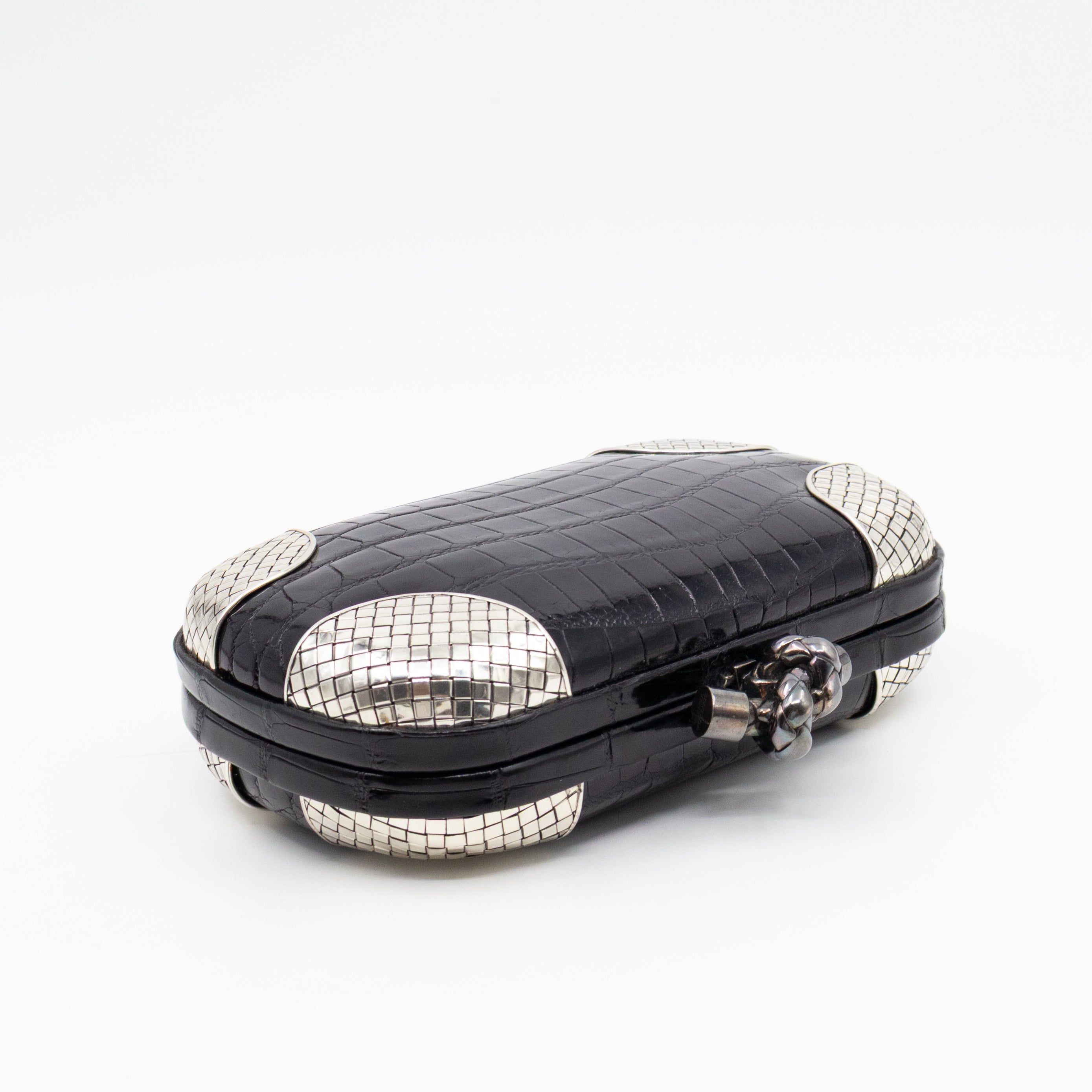 Knot Clutch Black Alligator Leather & Silver