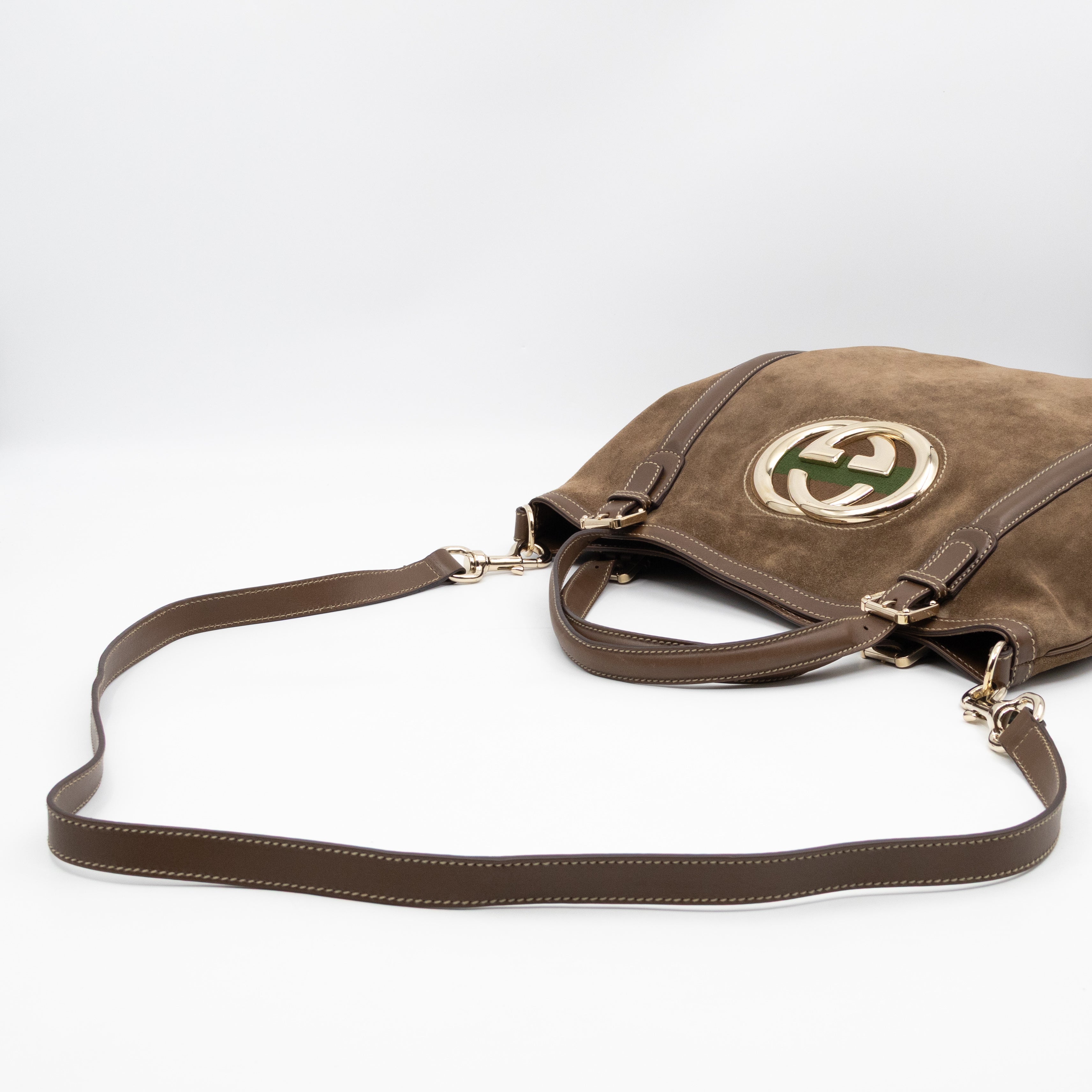 Interlocking G Britt Hobo Bag Brown Suede Leather