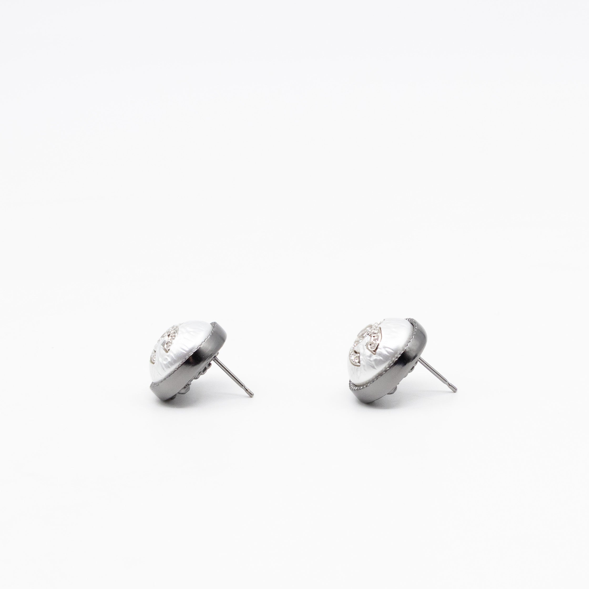 CC Crystal Pearl Button Earrings Aged Silver