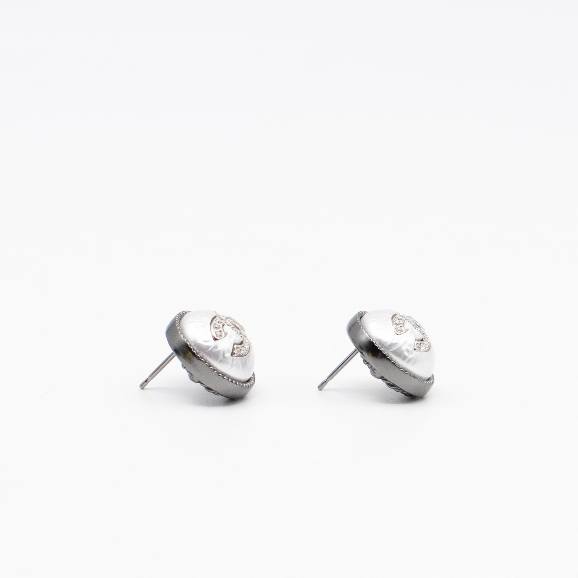 CC Crystal Pearl Button Earrings Aged Silver