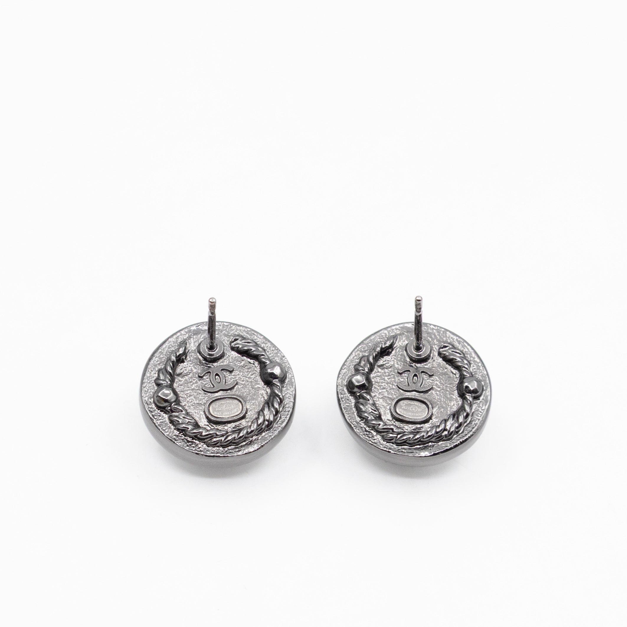 CC Crystal Pearl Button Earrings Aged Silver