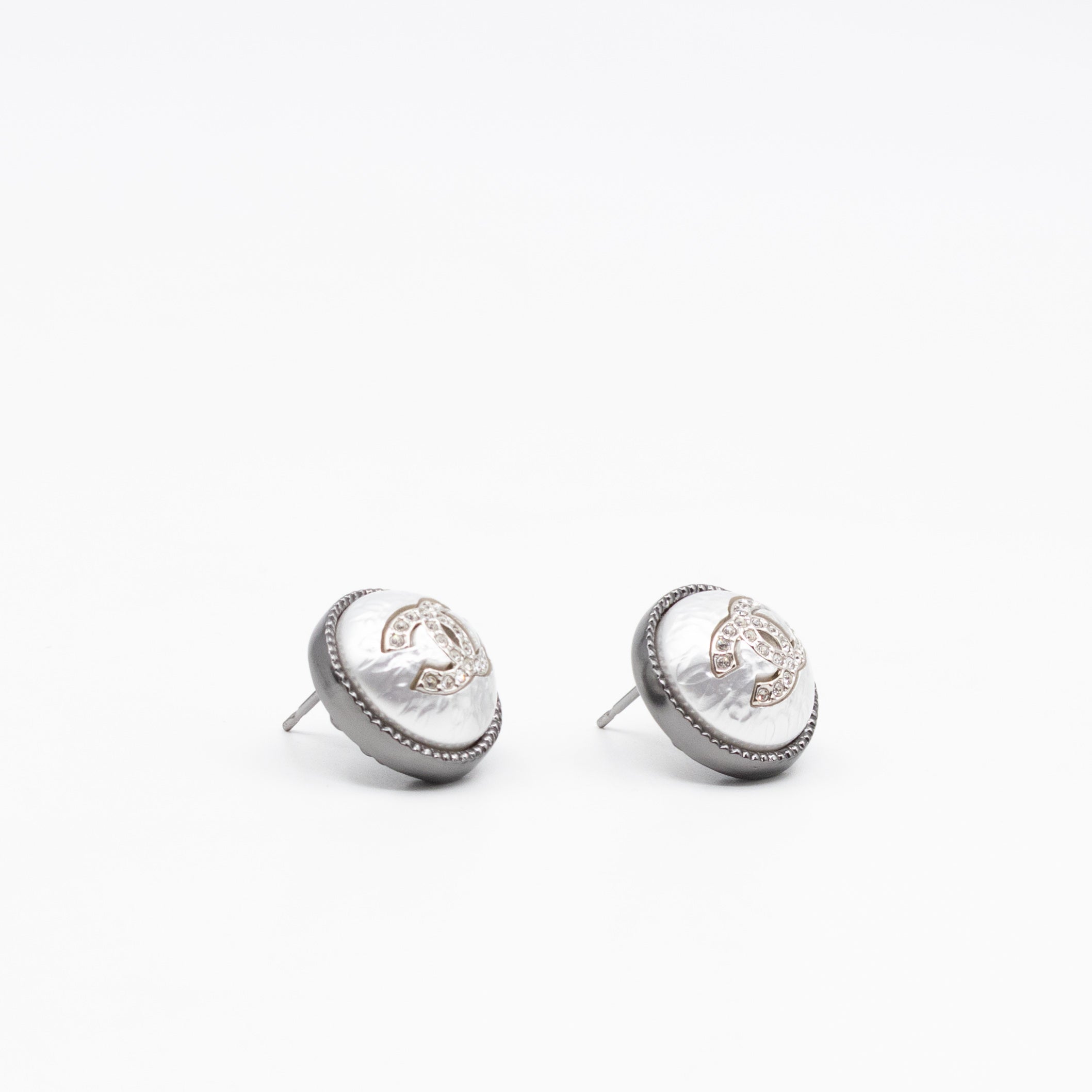 CC Crystal Pearl Button Earrings Aged Silver