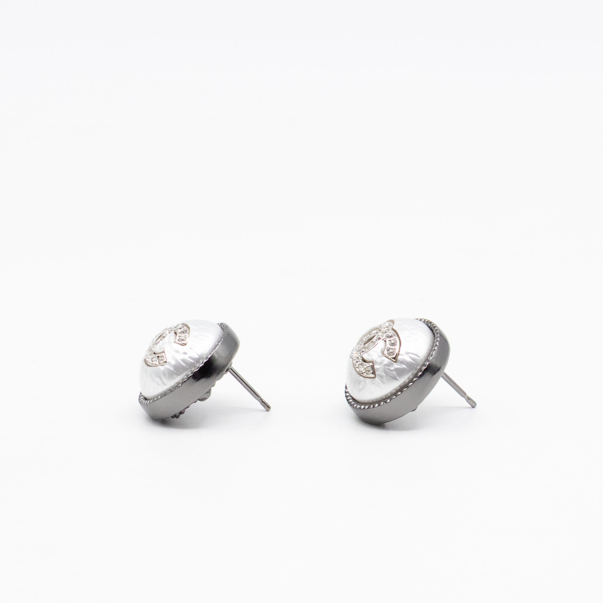 CC Crystal Pearl Button Earrings Aged Silver