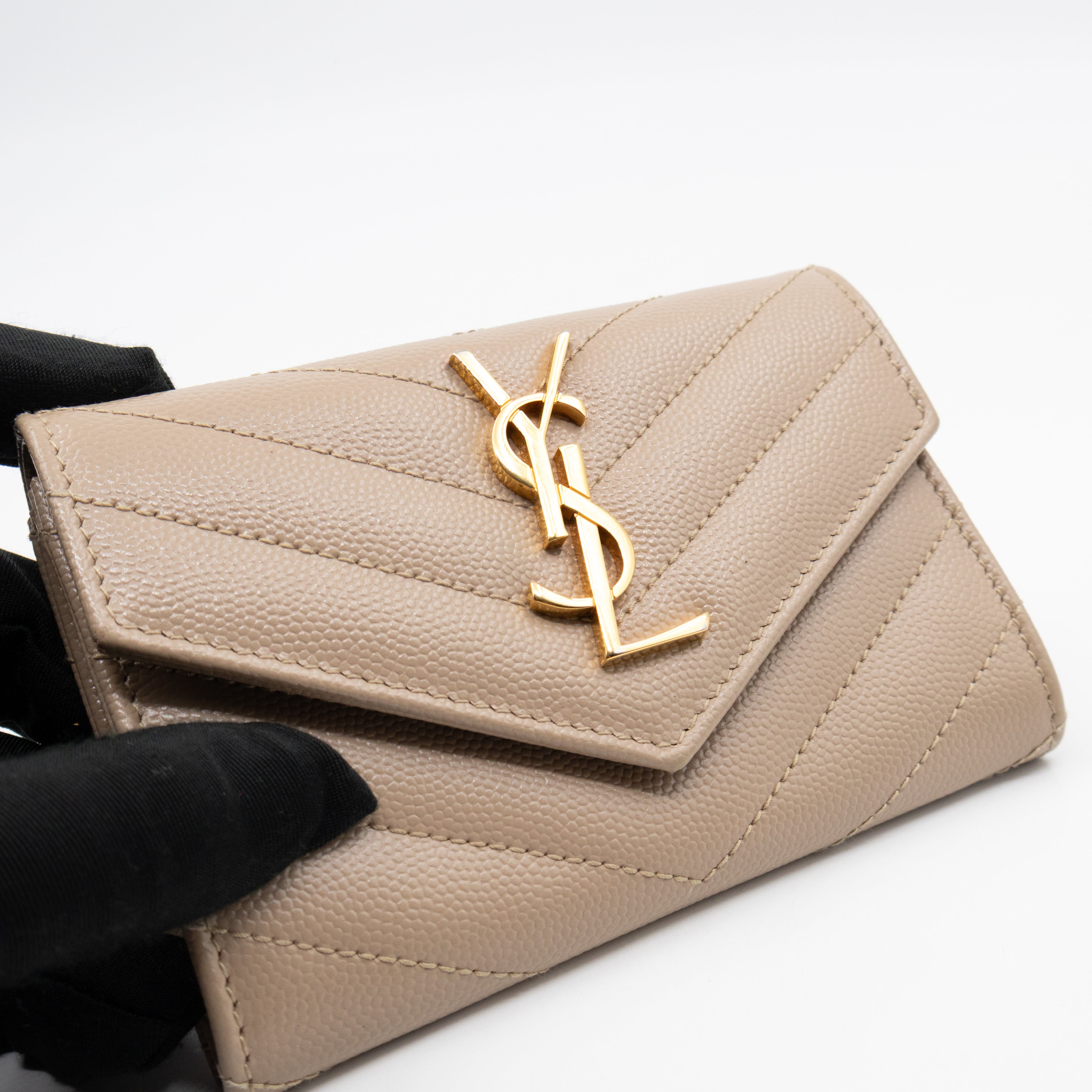 Cassandre Matelasse Envelope Wallet Small Dark Beige Grained Leather