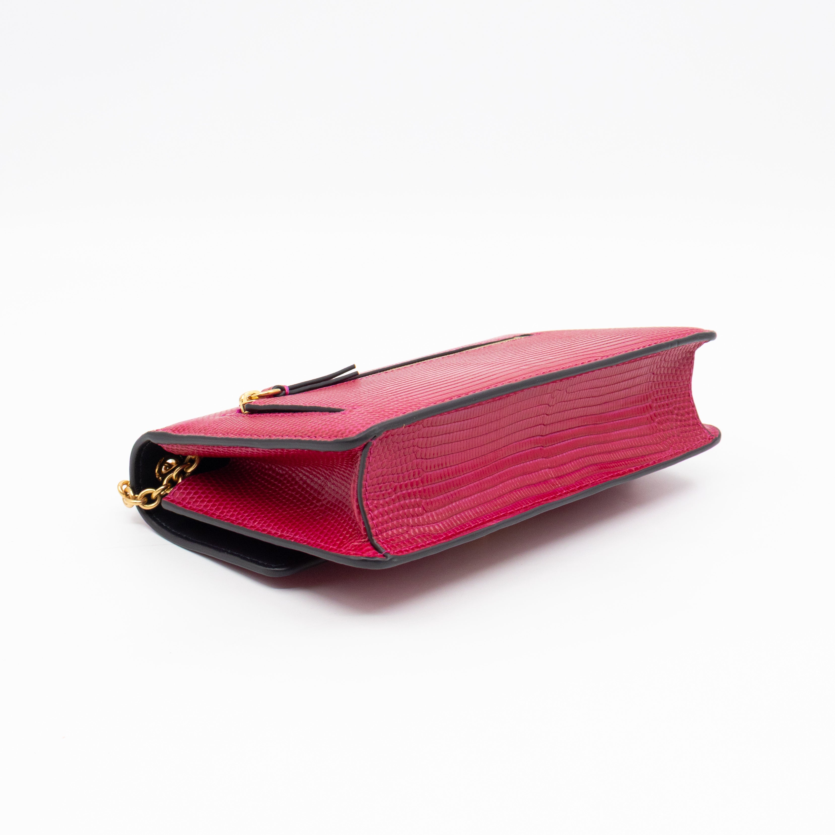 Small Darley Wallet On Chain Deep Pink Lizard Embossed Leather