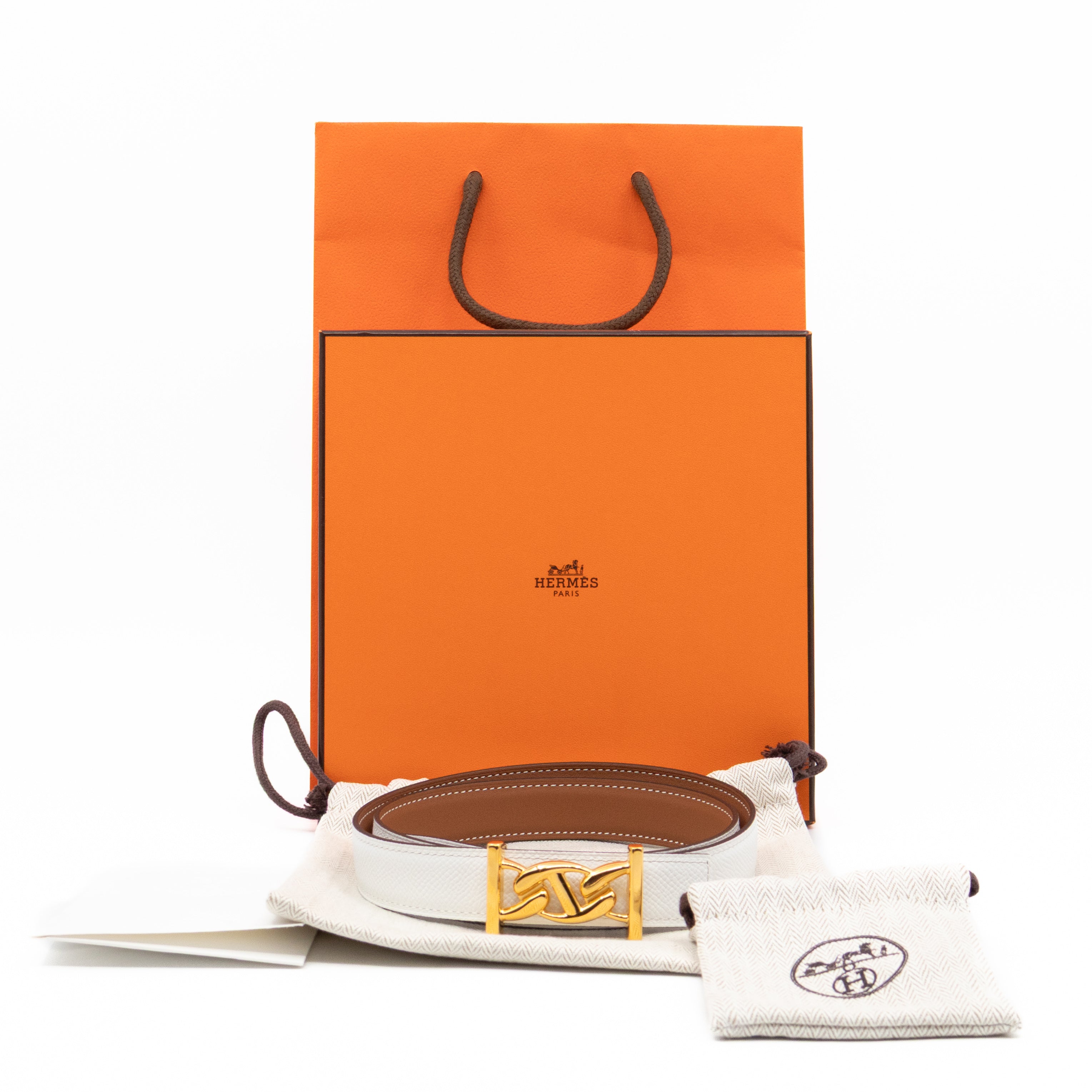 My H Belt Buckle & Reversible Blanc & Gold Leather Belt 80 cm