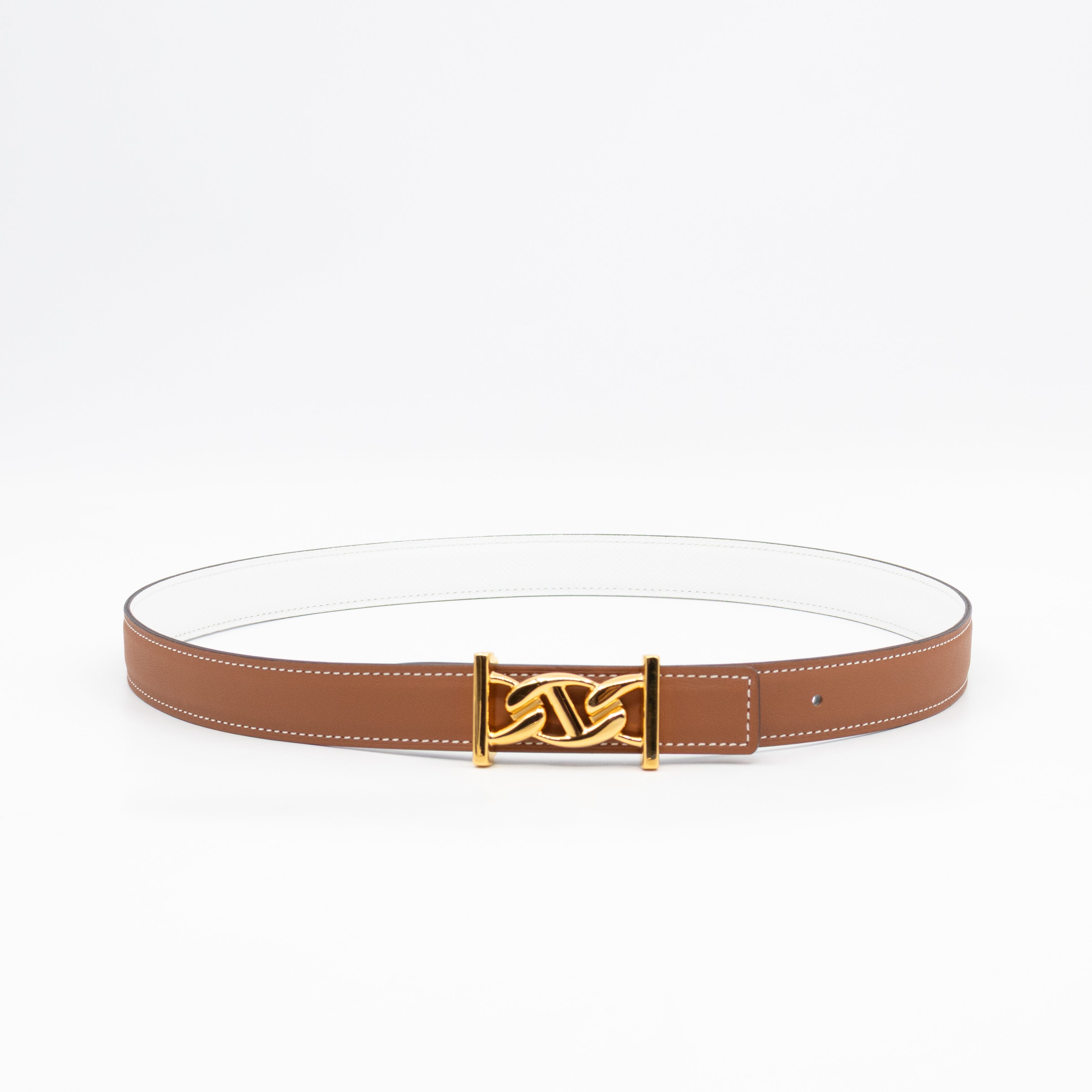 My H Belt Buckle & Reversible Blanc & Gold Leather Belt 80 cm