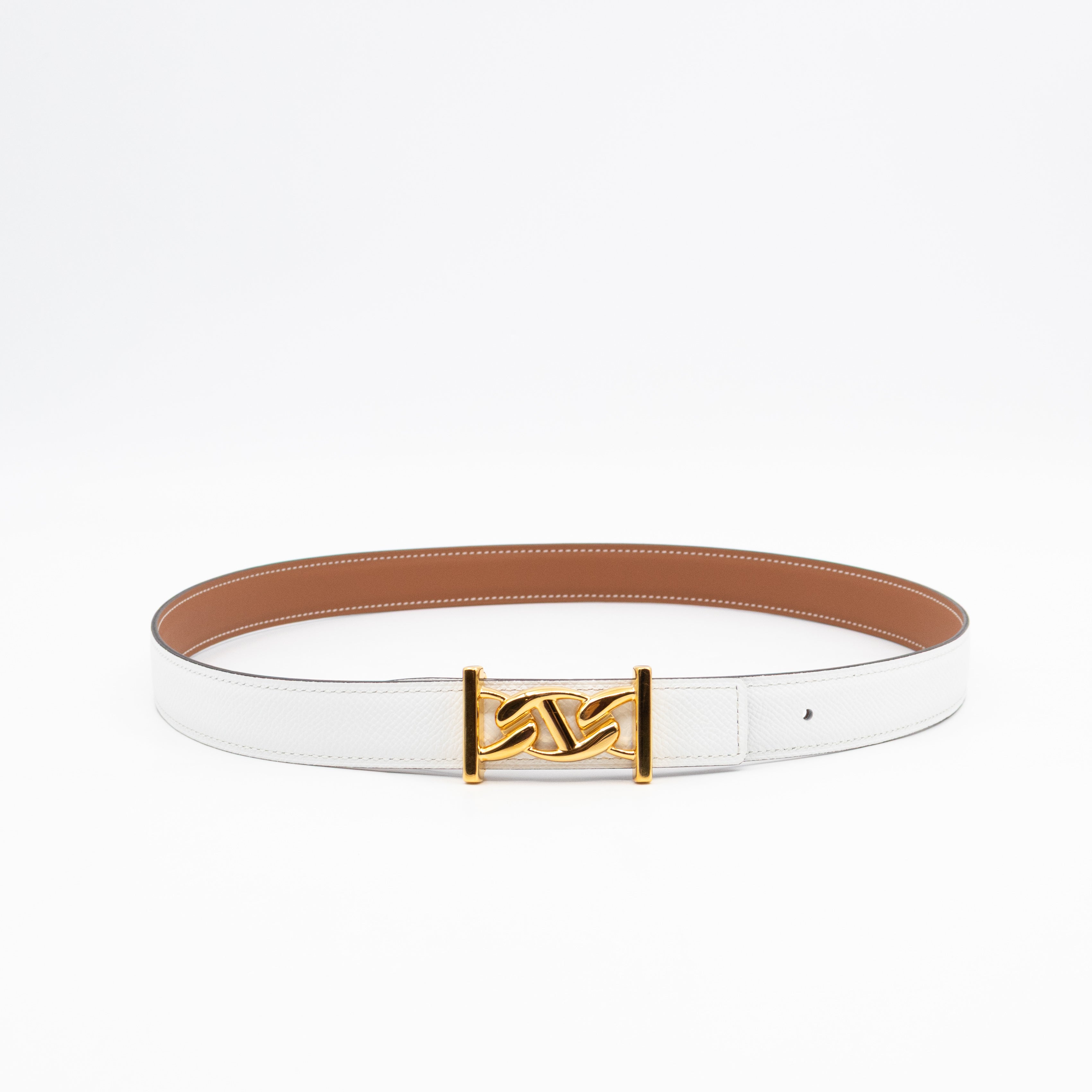 My H Belt Buckle & Reversible Blanc & Gold Leather Belt 80 cm