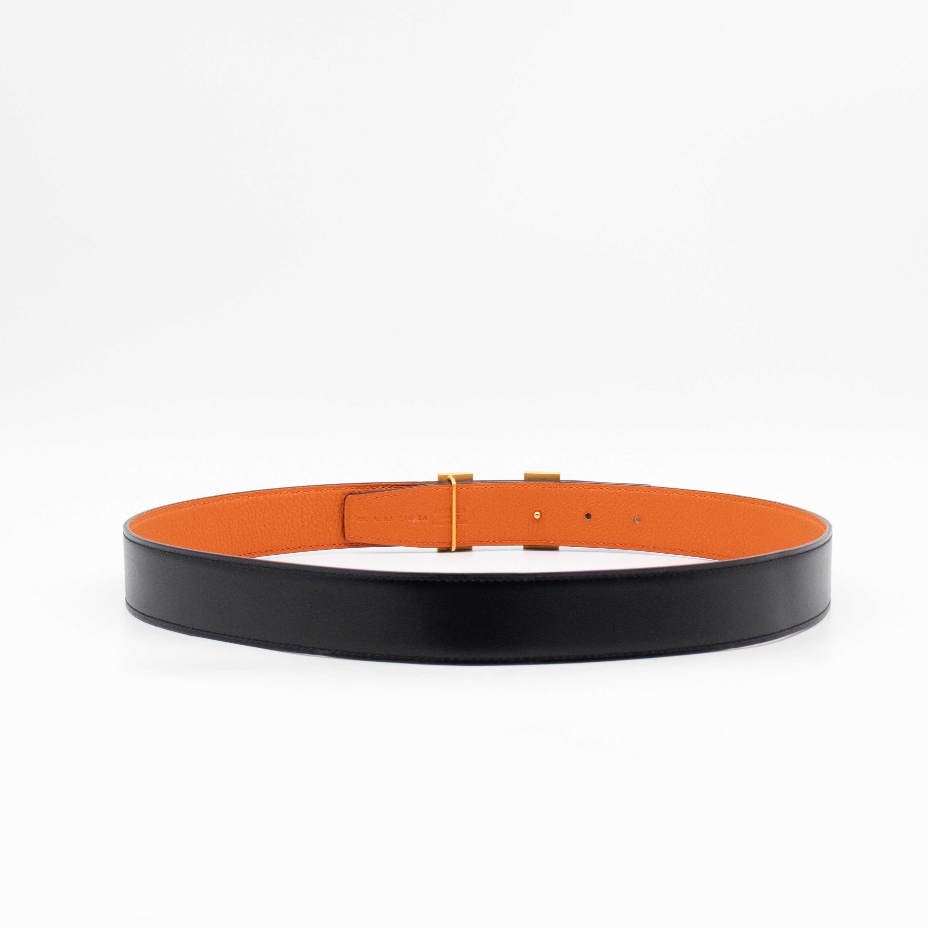 H Guillochee Belt Buckle & Reversible Orange & Noir Leather Belt 85 cm