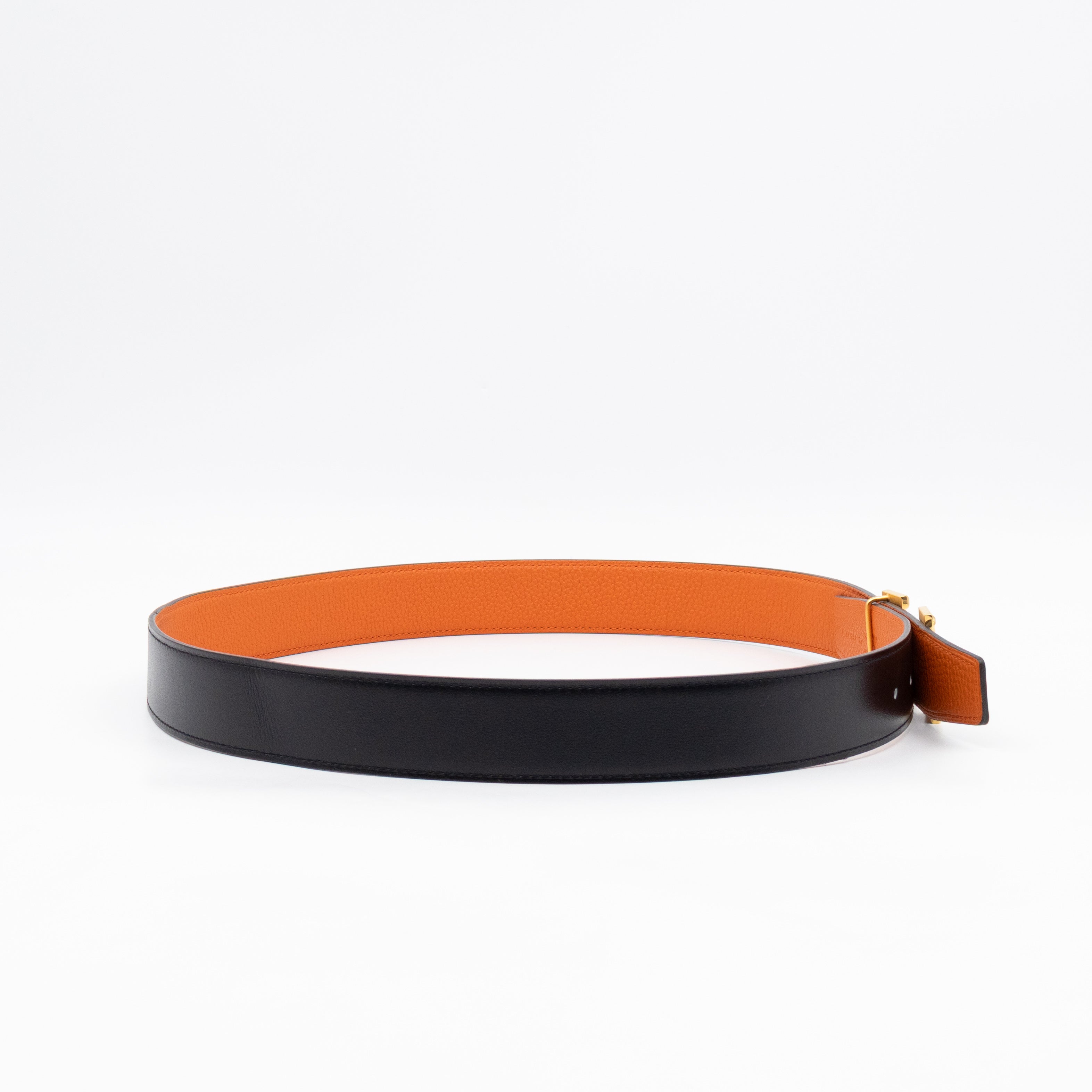 H Guillochee Belt Buckle & Reversible Orange & Noir Leather Belt 85 cm