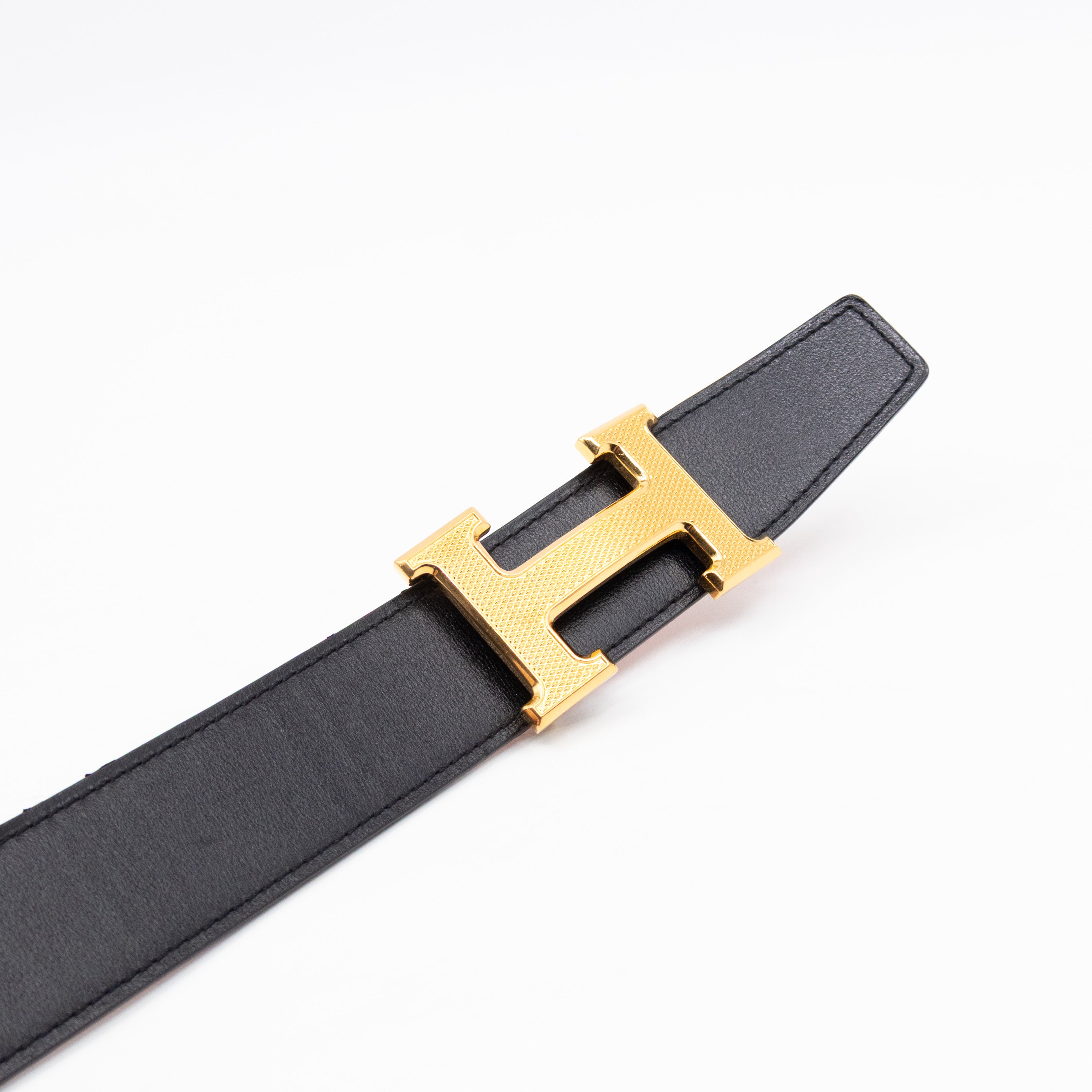 H Guillochee Belt Buckle & Reversible Orange & Noir Leather Belt 85 cm